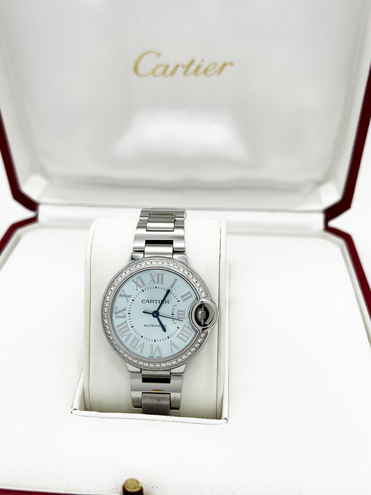 Cartier Ballon Bleu 4373 Ref WSBB0062 Blue Dial Diamond Bezel Steel Box 33mm 1
