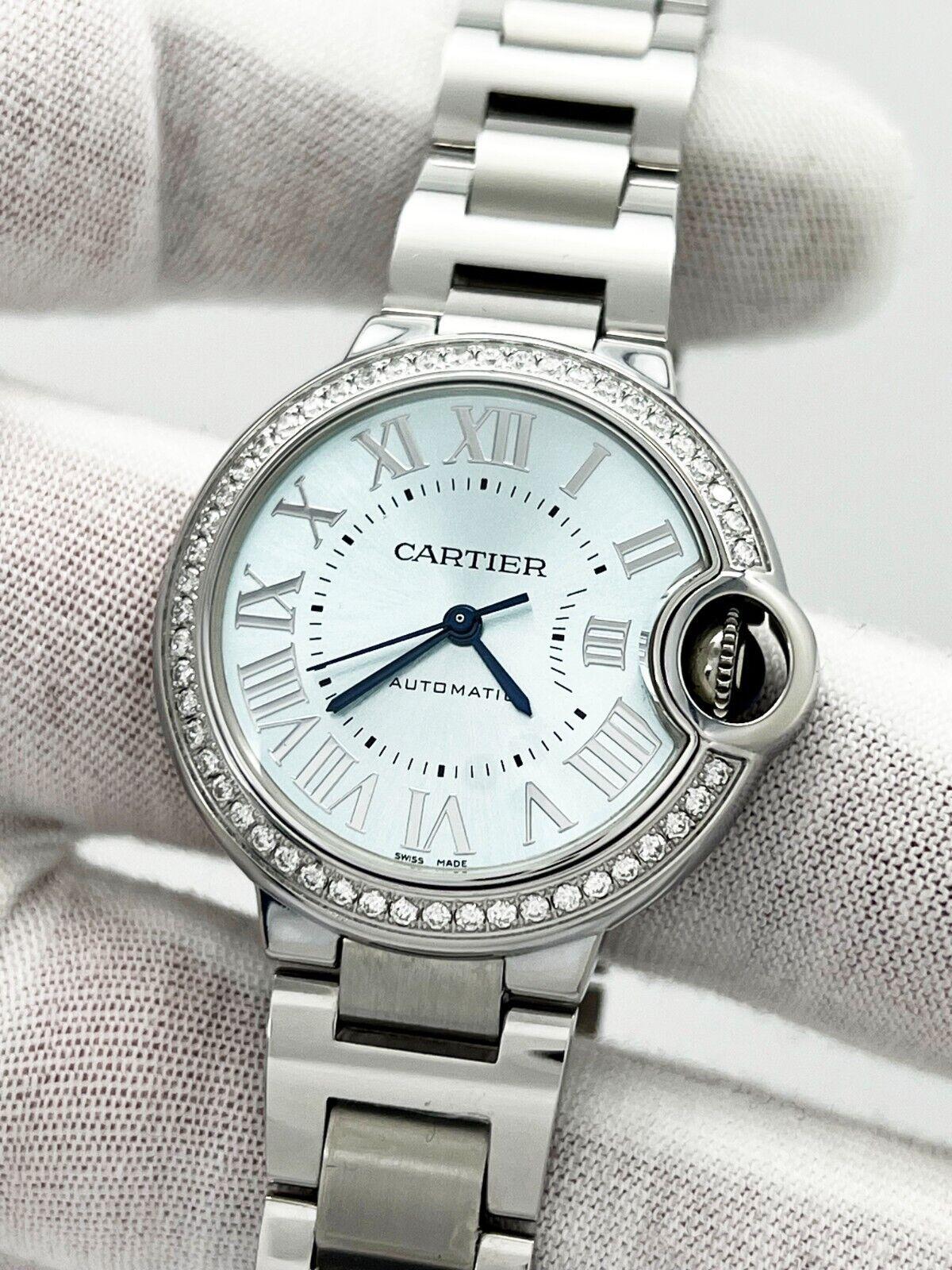 Cartier Ballon Bleu 4373 Ref WSBB0062 Blaues Zifferblatt Diamant-Lünette Stahlschachtel 33mm 4