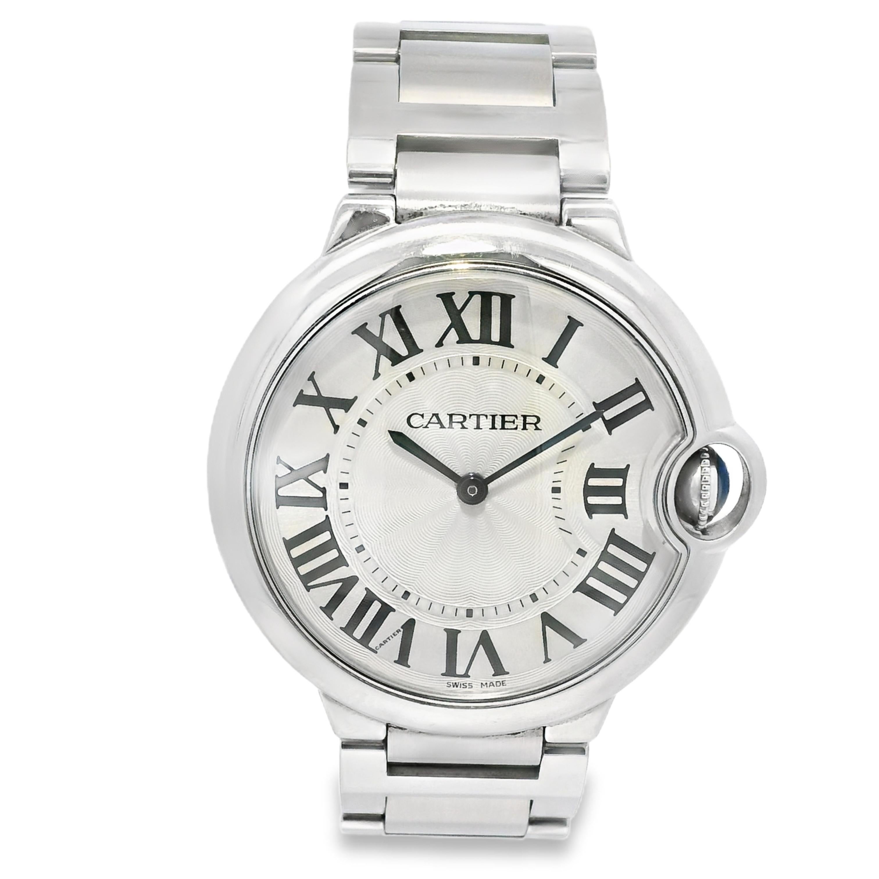 Modern Cartier Ballon Bleu 4373 Stainless Steel 33mm Silver Dial Watch For Sale