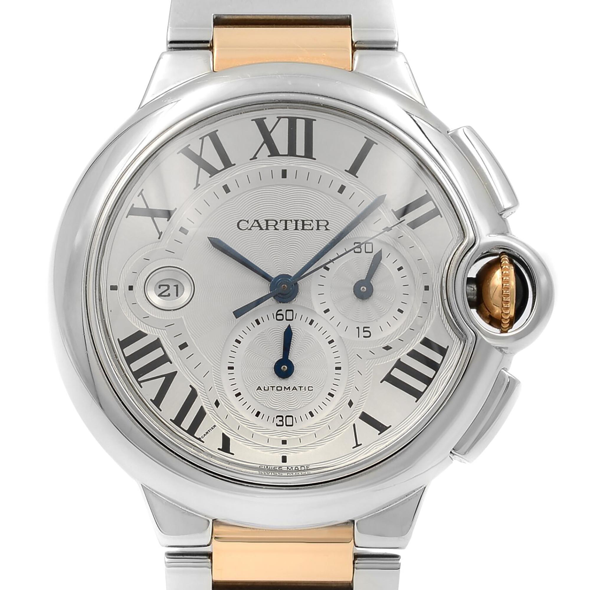 Pre-owned Cartier Ballon Bleu 44mm 18K Rose Gold Steel Silver Dial Automatic Watch W6920063. The timepiece is powered by a mechanical (automatic) movement which is cased in a stainless steel case and 18K rose gold and stainless steel bracelet. It