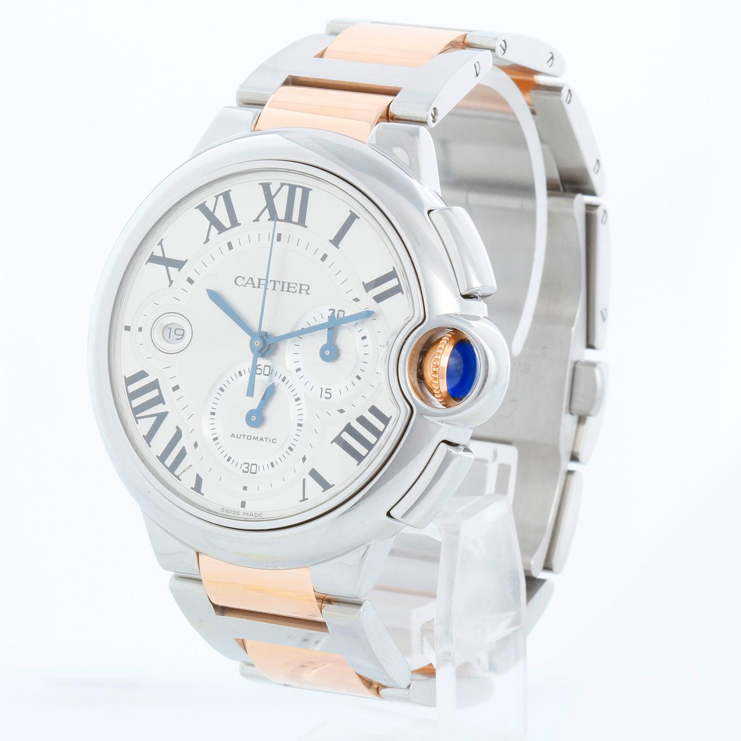 Cartier Ballon Bleu 44mm Stainless Steel & Rose Gold Chronograph W6920063 - Automatic winding; chronograph. Stainless steel  & Rose Gold (44mm diameter). Silver guilloche dial with black Roman numerals; date at 9 o'clock. Stainless steel & Rose Gold