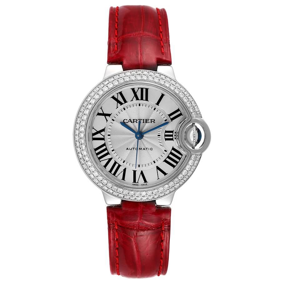 Cartier Ballon Bleu Automatic Diamond Stainless Steel Ladies Watch WE902067. Automatic self-winding movement. White Gold case 33.0 mm in diameter, 9.96 mm thick. Fluted crown set with the blue spinel cabochon. Bezel set with 2 rows of Cartier