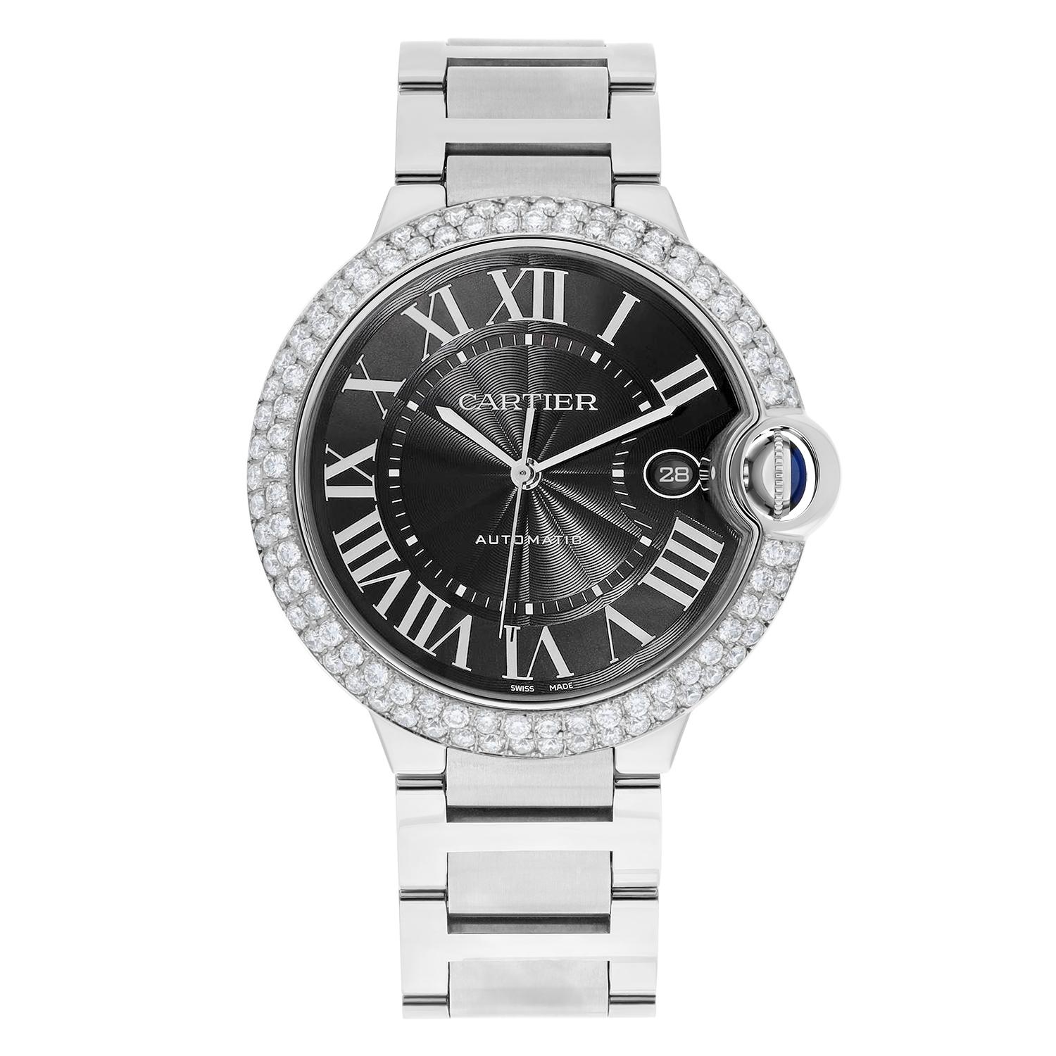 Elevate your style with the Cartier Ballon Bleu wristwatch, a perfect accessory for any occasion. This Swiss-made, luxury timepiece features a sleek stainless steel bracelet and a 40mm round case with custom added 100% natural diamonds, making it