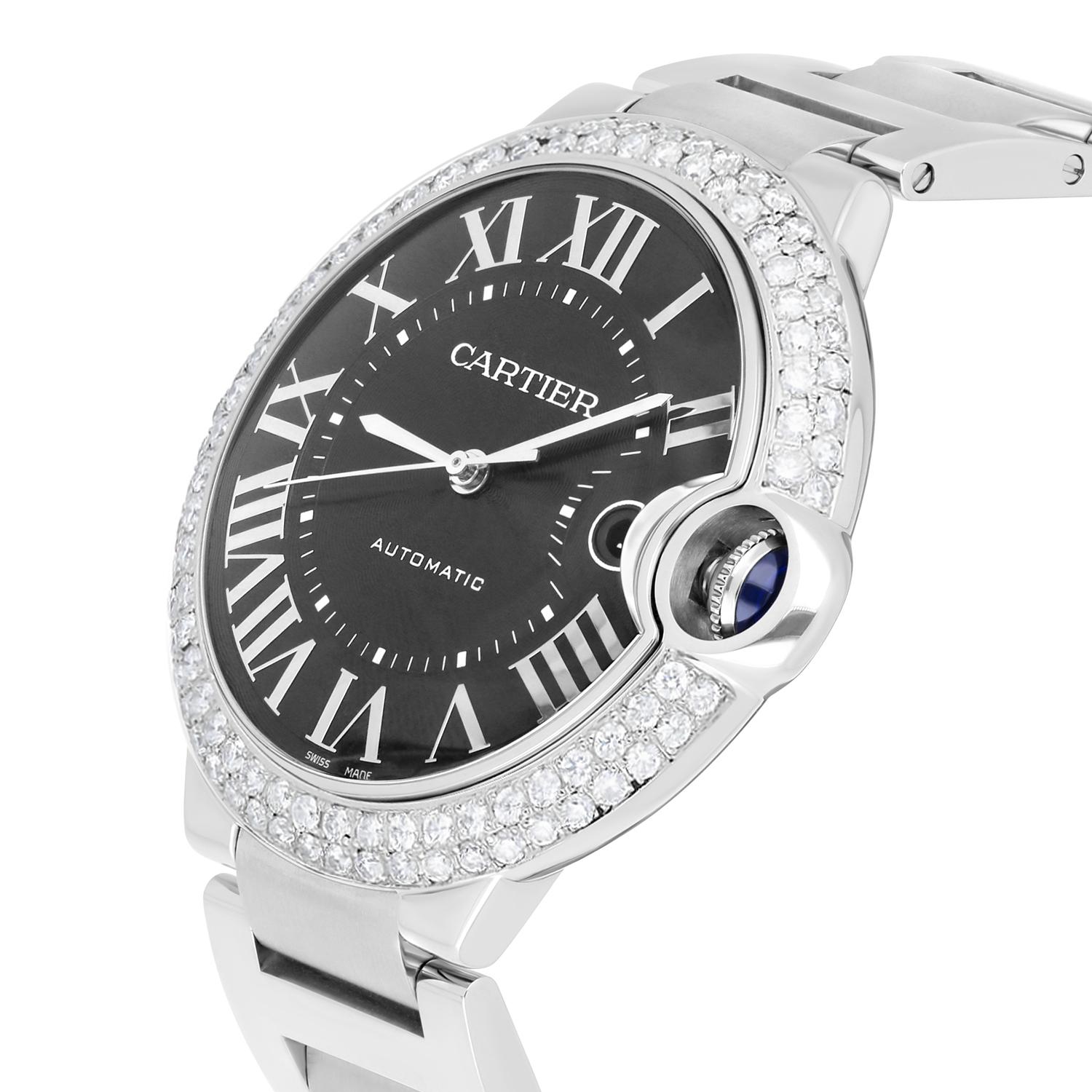 Modern Cartier Ballon Bleu Automatic Grey Dial Stainless Steel Diamond Watch WSBB0060 For Sale