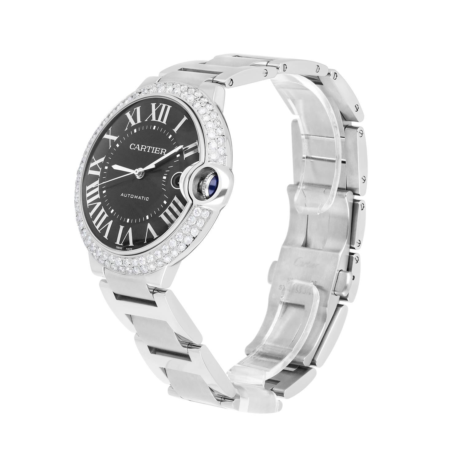 Cartier Ballon Bleu Automatik-Armbanduhr aus Edelstahl mit grauem Zifferblatt und Diamanten WSBB0060 (Moderne) im Angebot