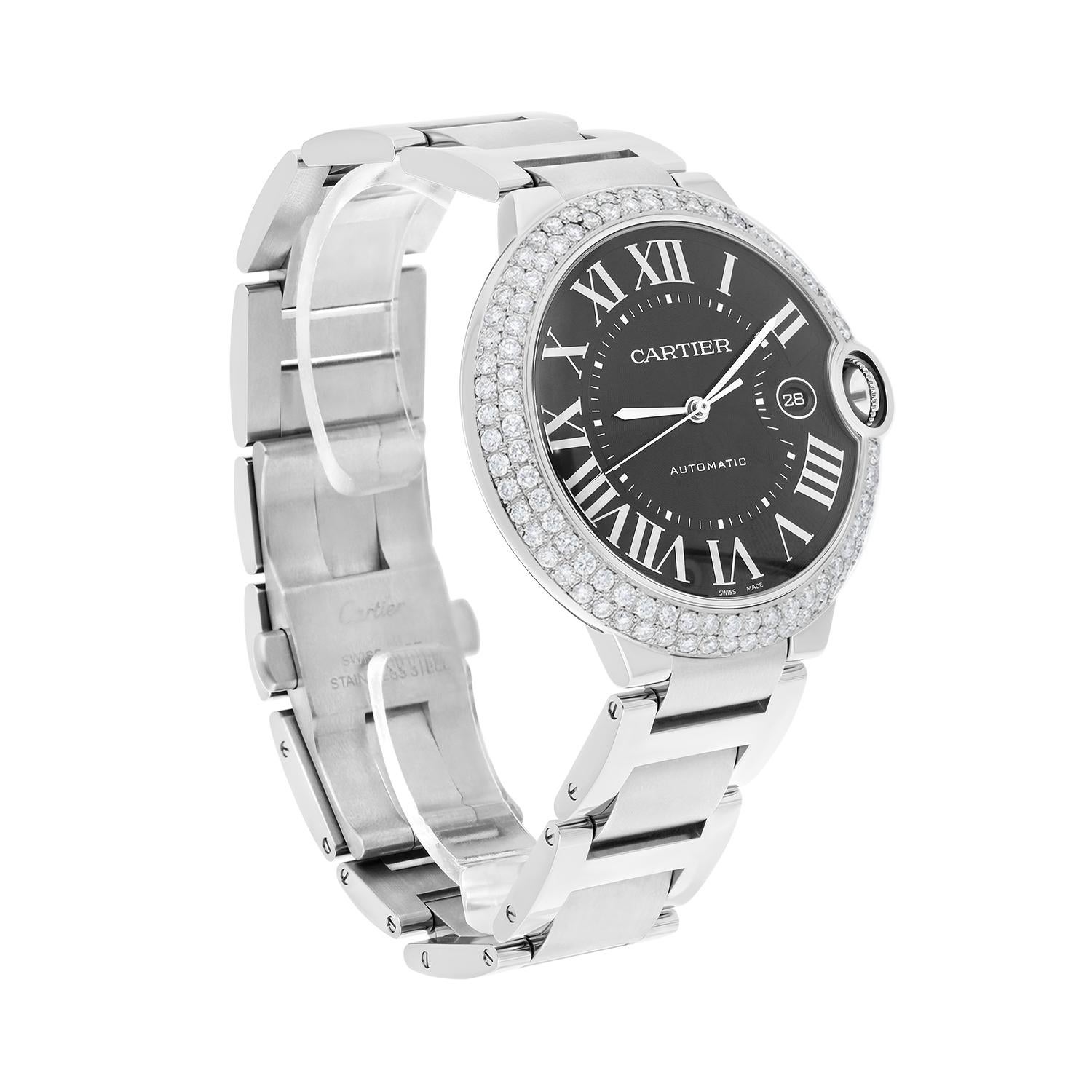 Cartier Ballon Bleu Automatik-Armbanduhr aus Edelstahl mit grauem Zifferblatt und Diamanten WSBB0060 Herren im Angebot