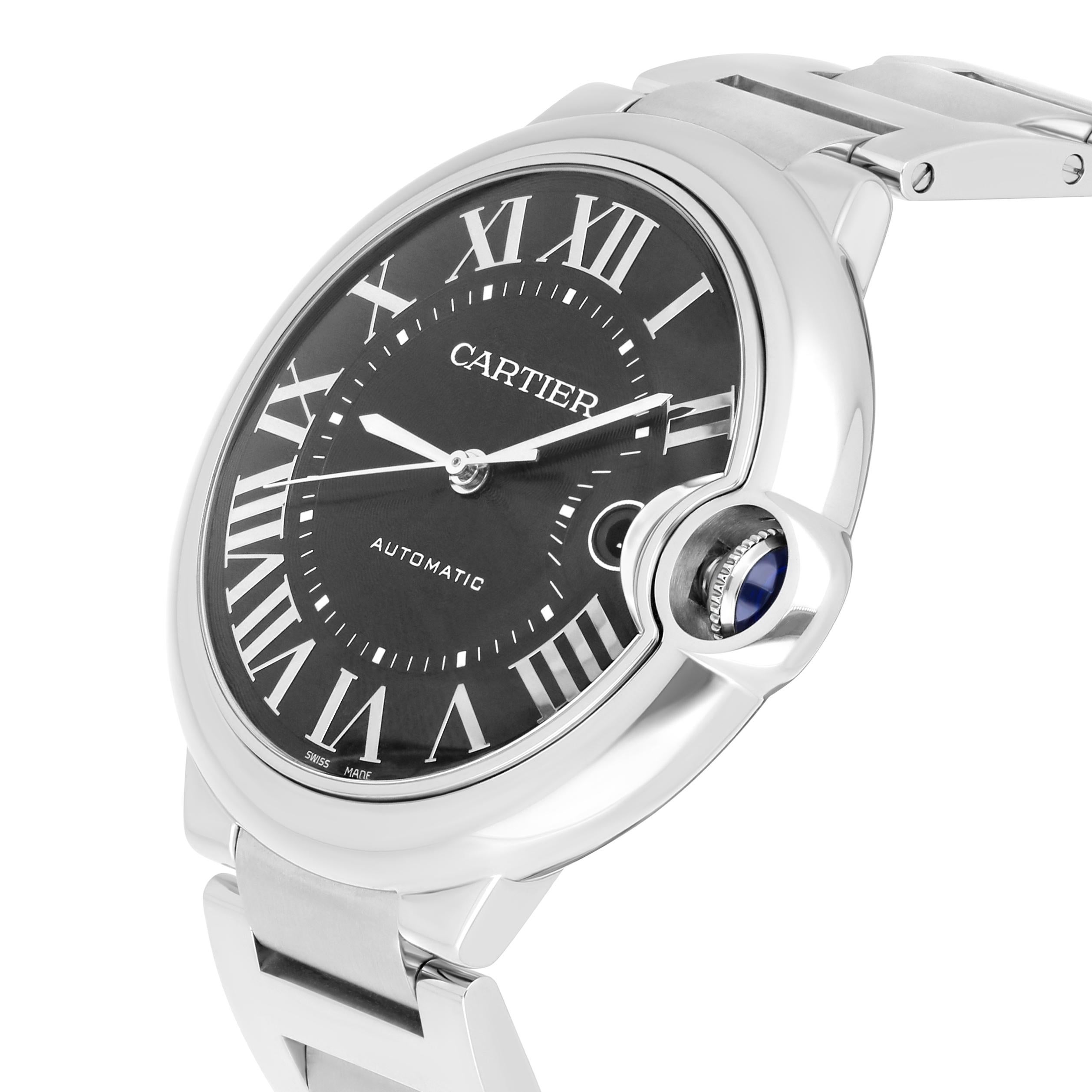 Cartier Ballon Bleu Automatic Grau Zifferblatt Edelstahl Herrenuhr WSBB0060 im Zustand „Hervorragend“ in New York, NY