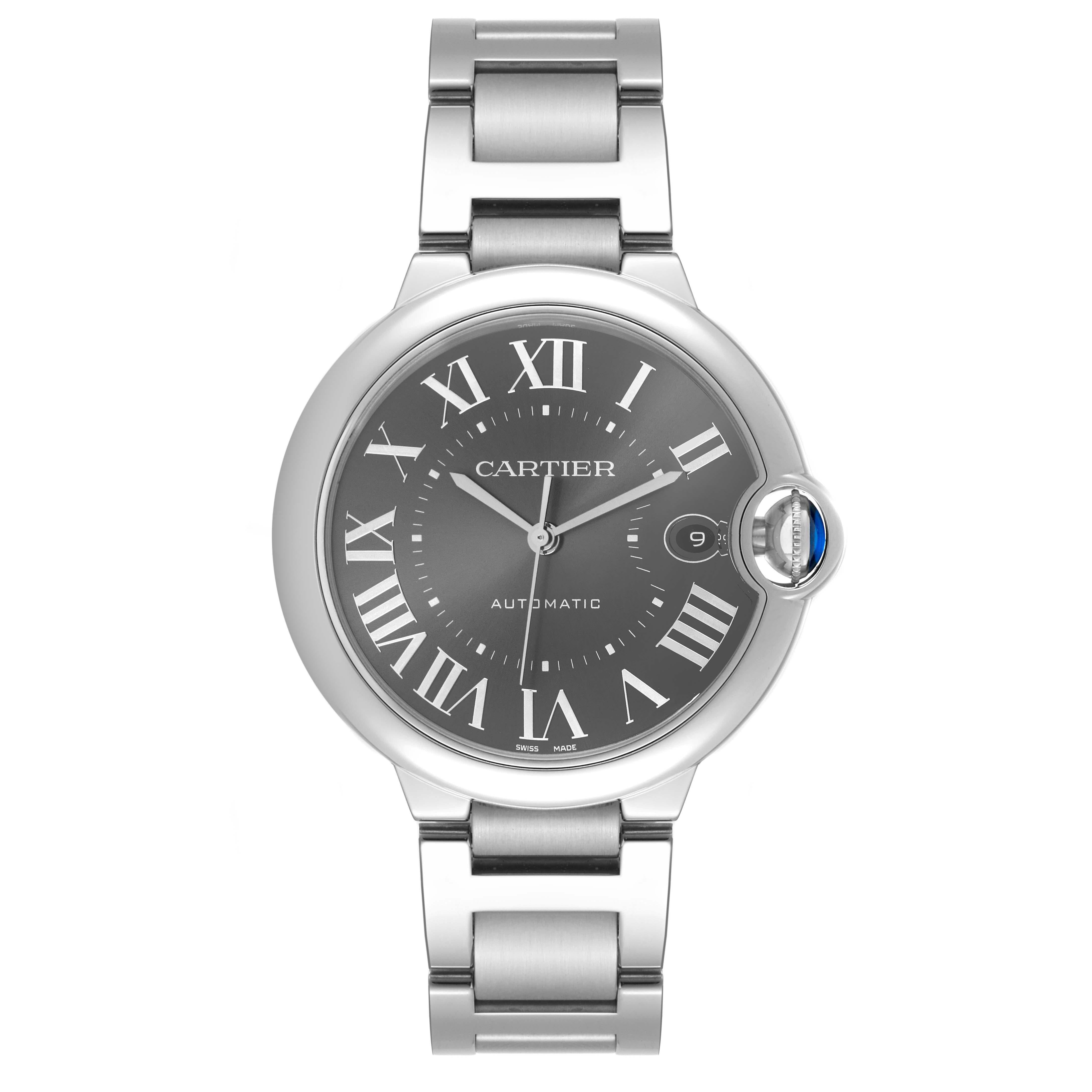 Cartier Ballon Bleu Automatic Grey Dial Steel Mens Watch WSBB0060 Box Card. Automatic self-winding movement. Round stainless steel case 40.0 mm in diameter, 12.4 mm thick. Fluted crown set with the blue spinel cabochon. Stainless steel smooth bezel.