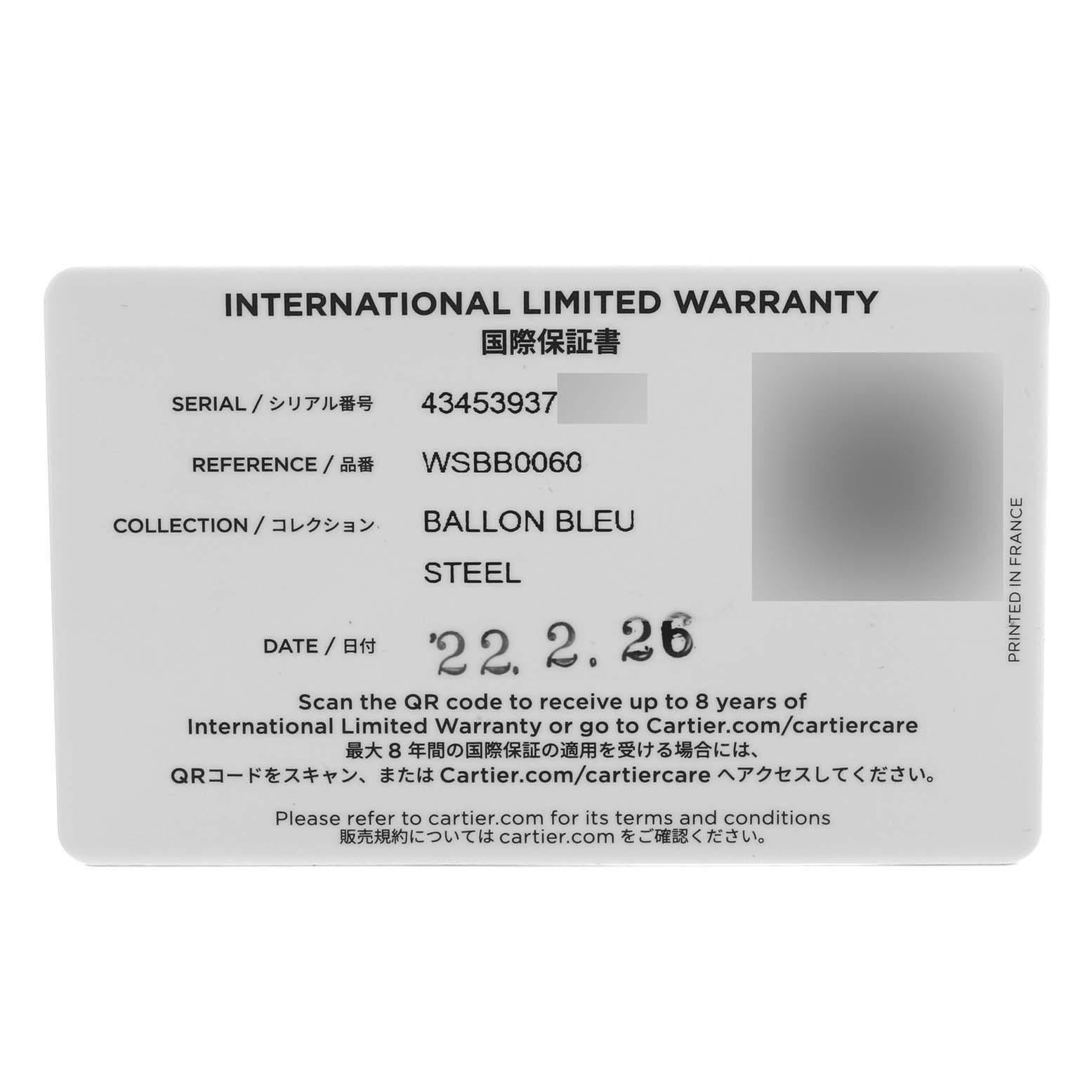 Cartier Ballon Bleu Automatic Grey Dial Steel Mens Watch WSBB0060 Box Card For Sale 5