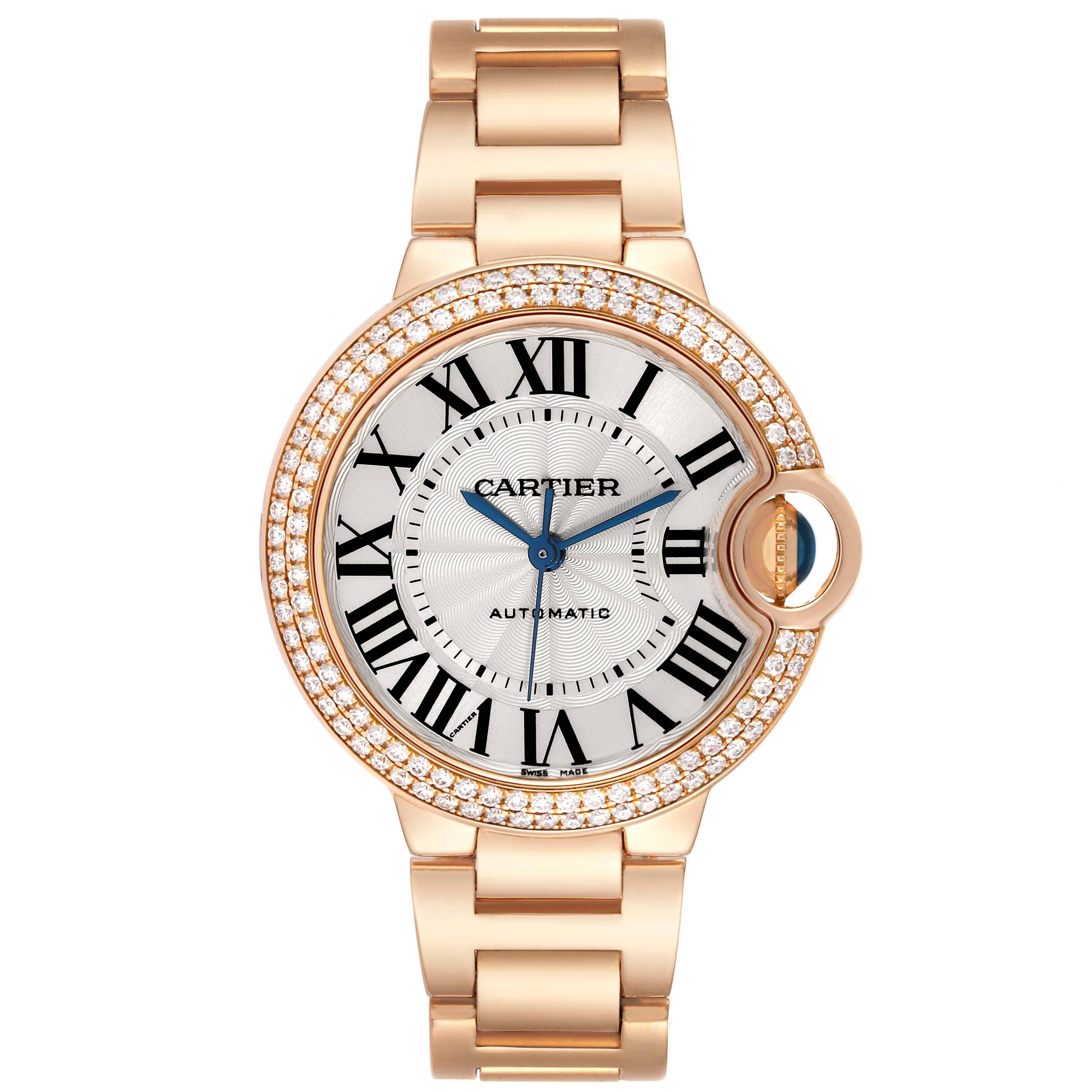 Cartier Ballon Bleu Automatic Rose Gold Diamond Ladies Watch WE902034 Papers. Automatic self-winding movement. 18K rose gold case 33 mm in diameter. Fluted crown set with the blue sapphire cabochon. 18K rose gold original Cartier factory double row
