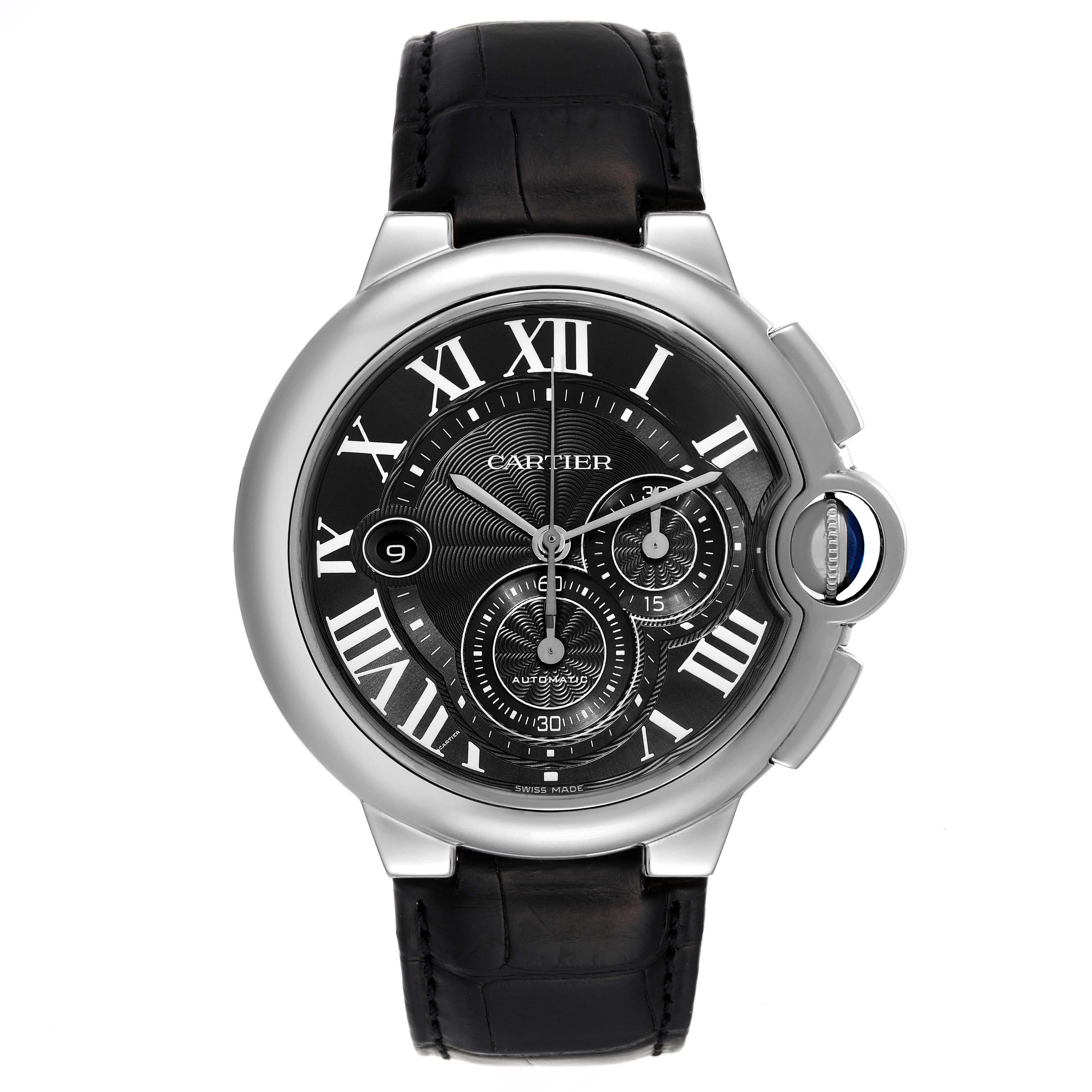 Cartier Ballon Bleu Black Dial Chronograph Steel Mens Watch W6920052. Automatic self-winding chronograph movement. Round stainless steel case 47.0 mm in diameter, 15 mm thick. Fluted 18k crown set with the blue spinel cabochon. Exhibition