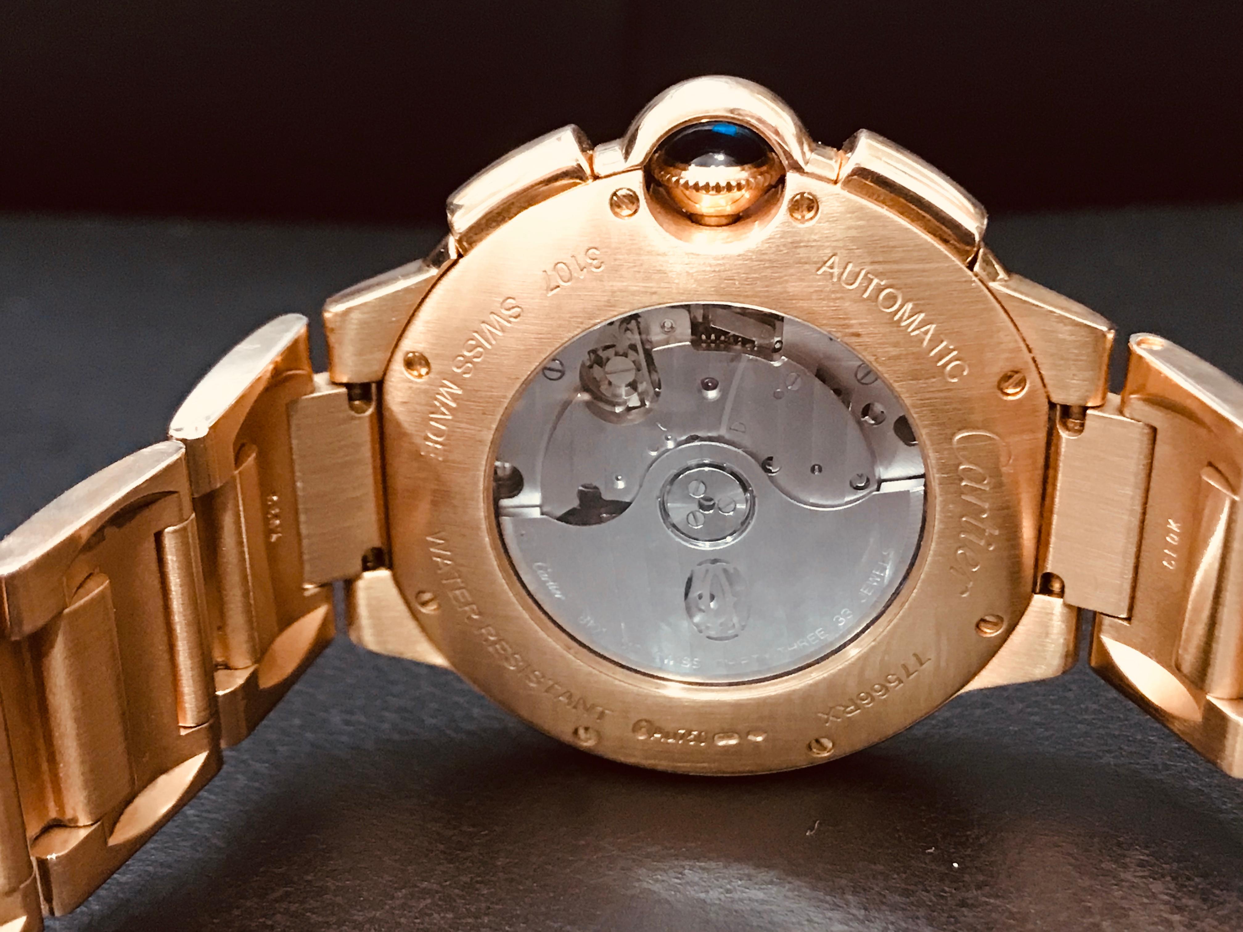 This is A Men's Cartier Ballon Bleu Chronograph 18K Solid Rose Gold WATCH WITH A SUGGESTED RETAIL OF : $43,700.00 !!!
Brand Cartier
Model Ballon Bleu 44mm
Scratch Resistant Glare Proof Sapphire Crystal 
Case material Rose gold
Bracelet material Rose