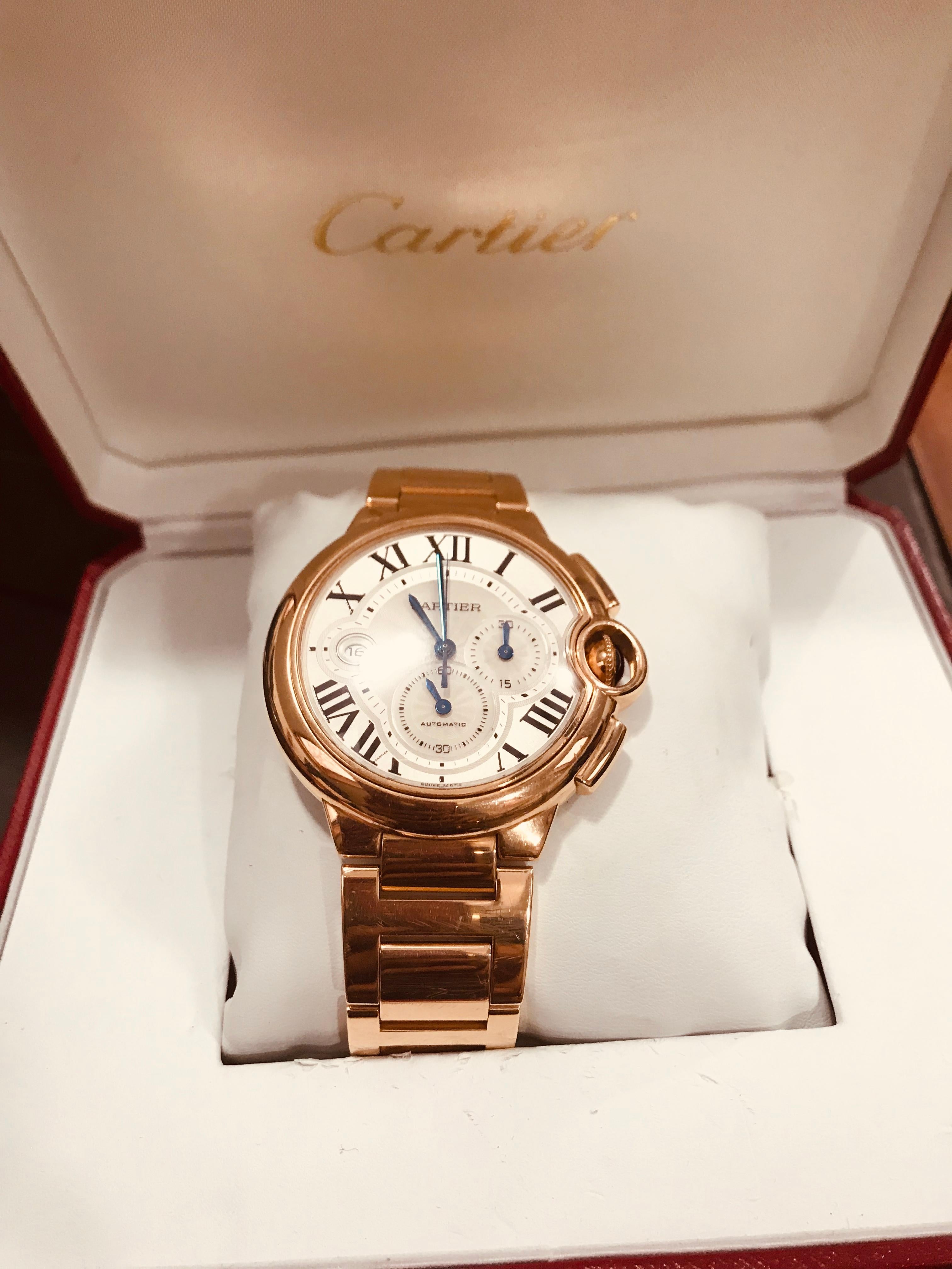 Cartier Ballon Bleu Chronograph 18 Karat Solid Rose Gold 232 Grams, With Paper In Excellent Condition In New York, NY