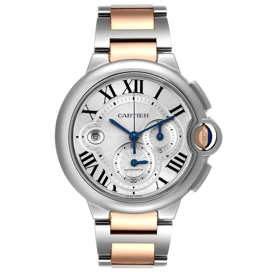 Cartier Ballon Bleu Chronograph Steel Rose Gold Silver Dial Mens Watch W6920063. Automatic self-winding movement. Round stainless steel case 44.0 mm in diameter, 15 mm thick. Fluted 18k rose gold crown set with the blue spinel cabochon. Exhibition