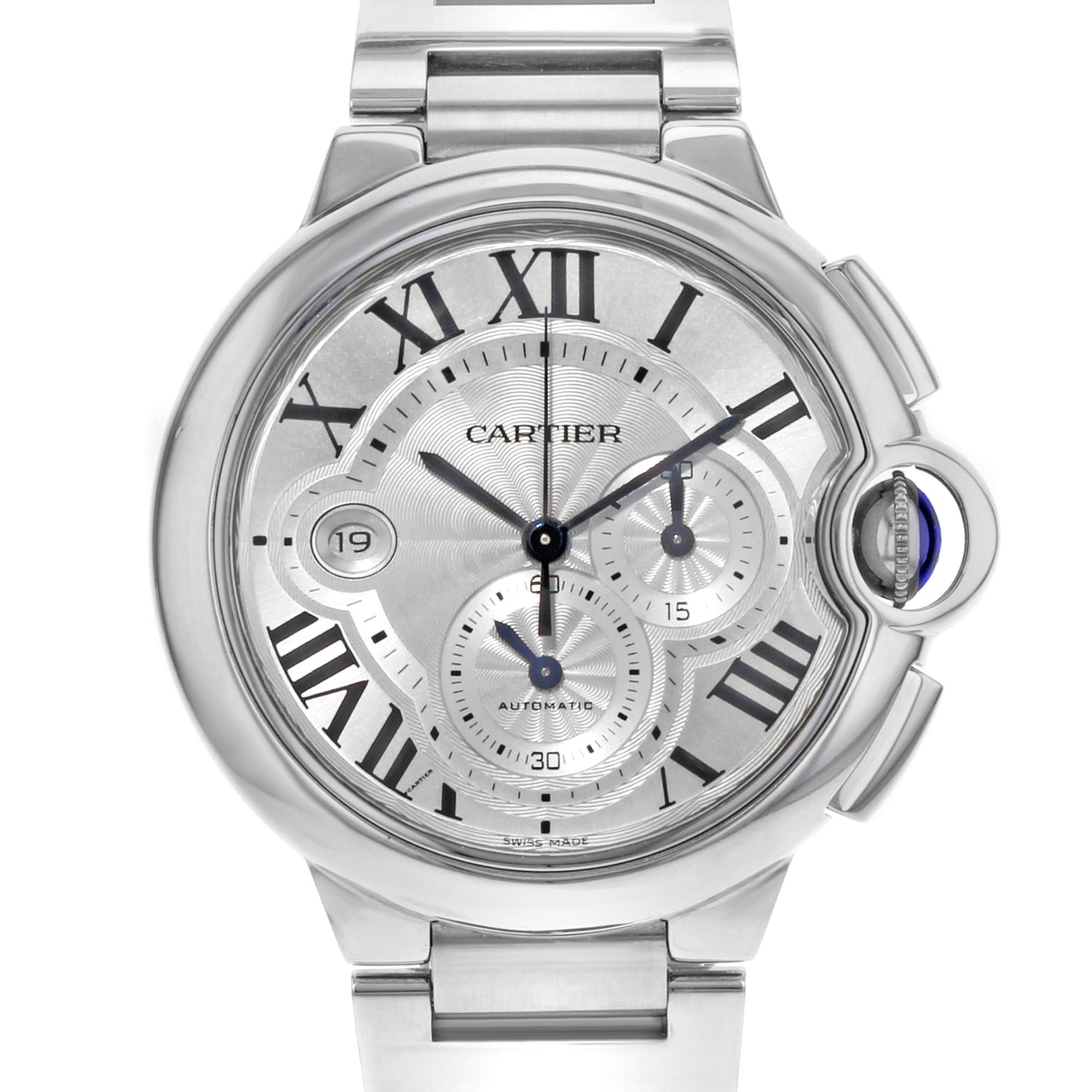 Pre-owned Cartier Ballon Bleu W6920002 Chronograph Steel Silver Dial Automatic Men's Watch.  Original Box and Papers are included Covered by a one-year Chronostore warranty.
Details:
MSRP 10400
Brand Cartier
Department Men
Model Number