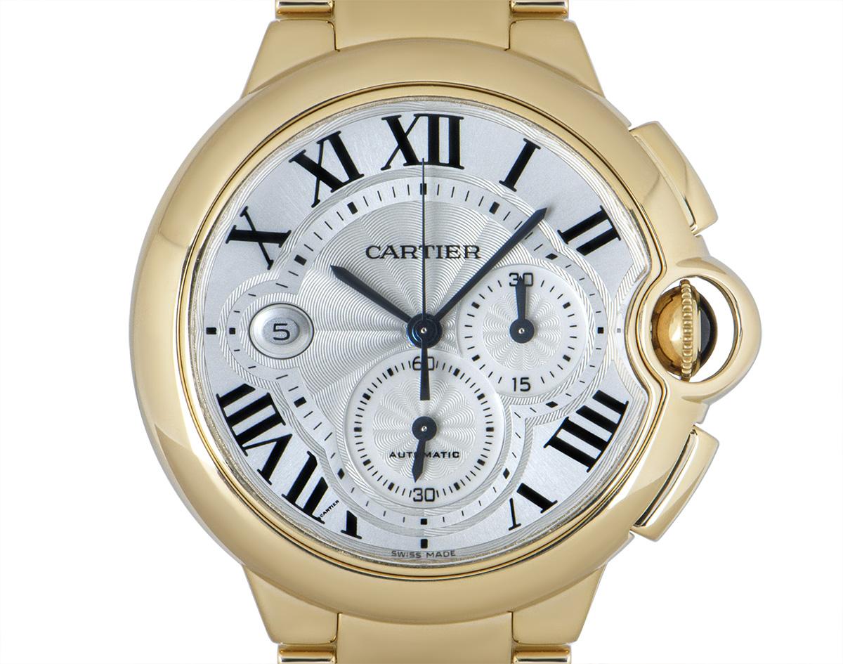 A 47 mm Ballon Bleu in yellow gold by Cartier. Featuring a silver guilloche dial concealed by sapphire crystal, with Roman numerals, sword-shaped hands in blued steel and a secret Cartier signature at V of VII. A small seconds display and a 30