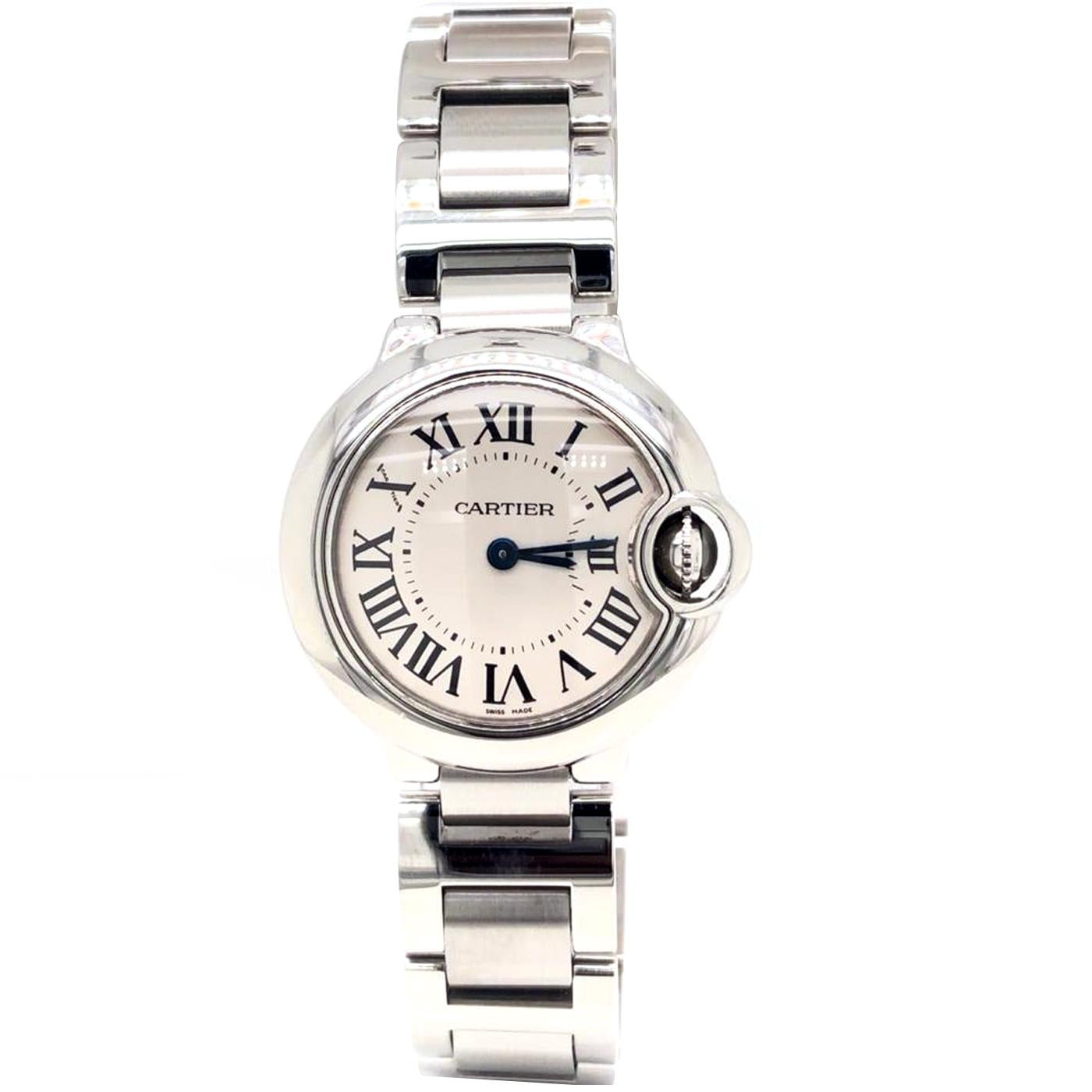Ballon Bleu de Cartier watch, 28 mm, quartz movement. Steel case, fluted crown set with a synthetic spinel cabochon, silvered opaline dial, Roman numerals, blued-steel sword-shaped hands, sapphire crystal, steel bracelet.

Floating like a balloon