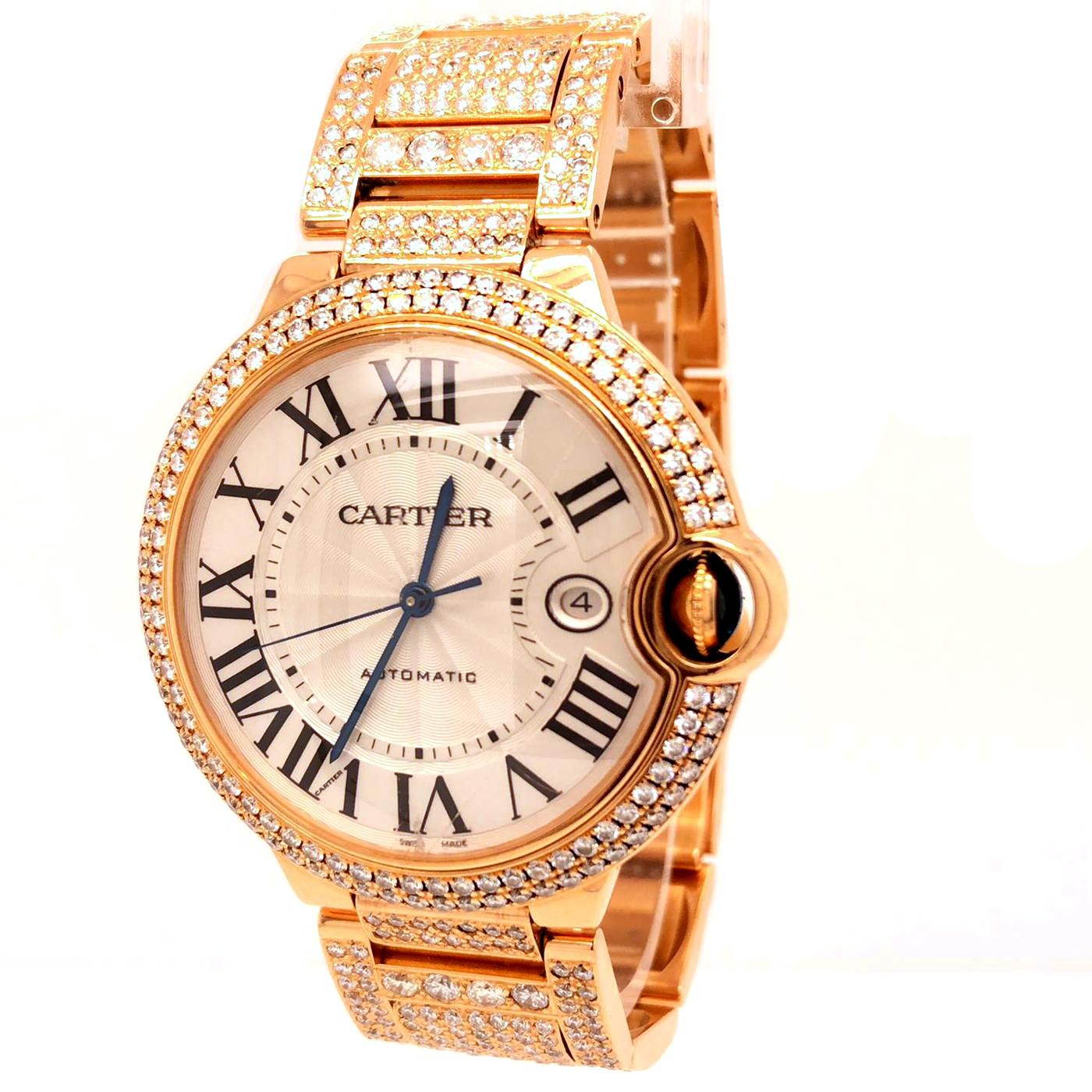 Ballon Bleu de Cartier watch 42 mm, self-winding mechanical movement. 18K pink gold case set with 126 brilliant-cut diamonds totaling 1.83 carats. Fluted crown set with a sapphire cabochon. Silvered guilloché lacquered opaline dial. Blued-steel