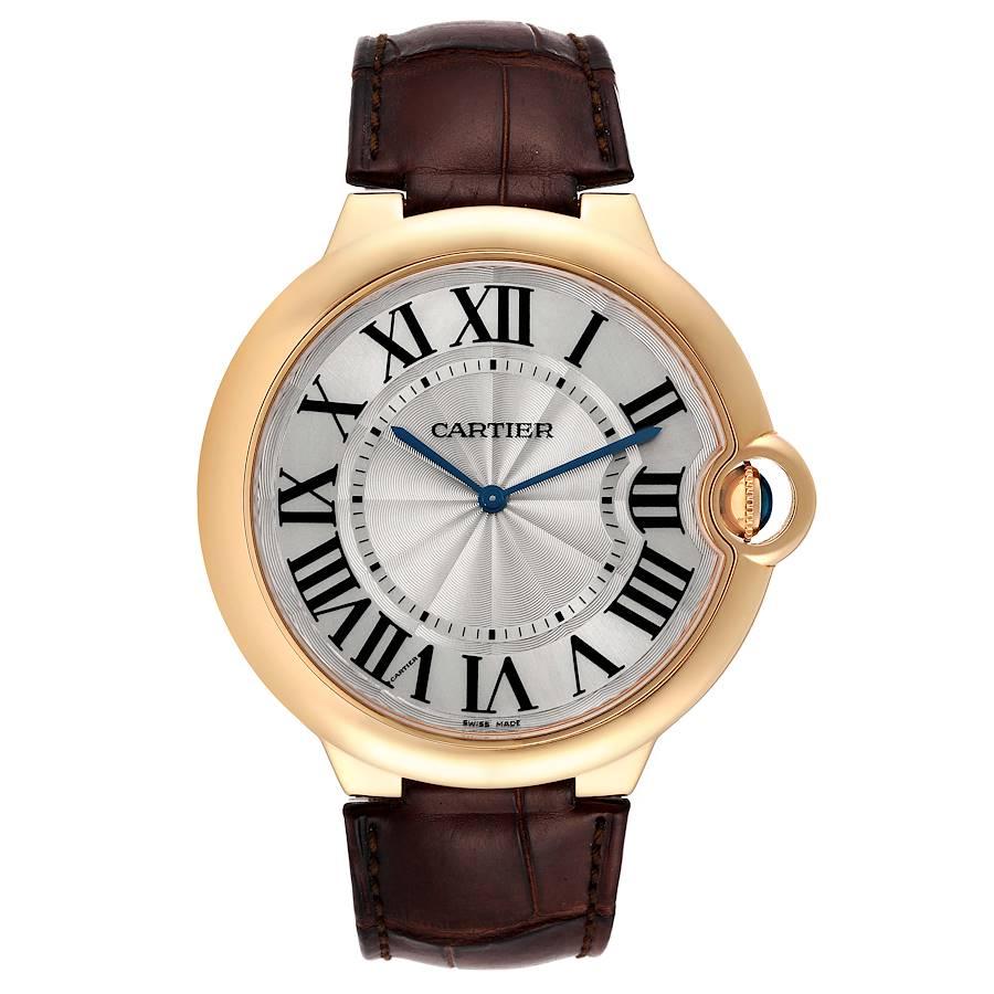Cartier Ballon Bleu de Cartier 46 mm Rose Gold Mens Watch W690054 Box Papers. Manual winding movement. 18K rose gold case 46.0 mm in diameter, 7.00 mm thick. Fluted crown set with the blue sapphire cabochon. Smooth 18K rose gold bezel. Scratch