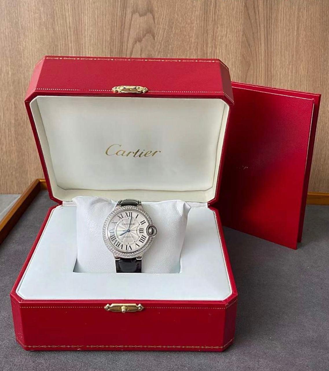 Cartier Ballon Bleu de Cartier Silvered Opaline Dial 18k Gold Diamond Watch In Excellent Condition In Banbury, GB