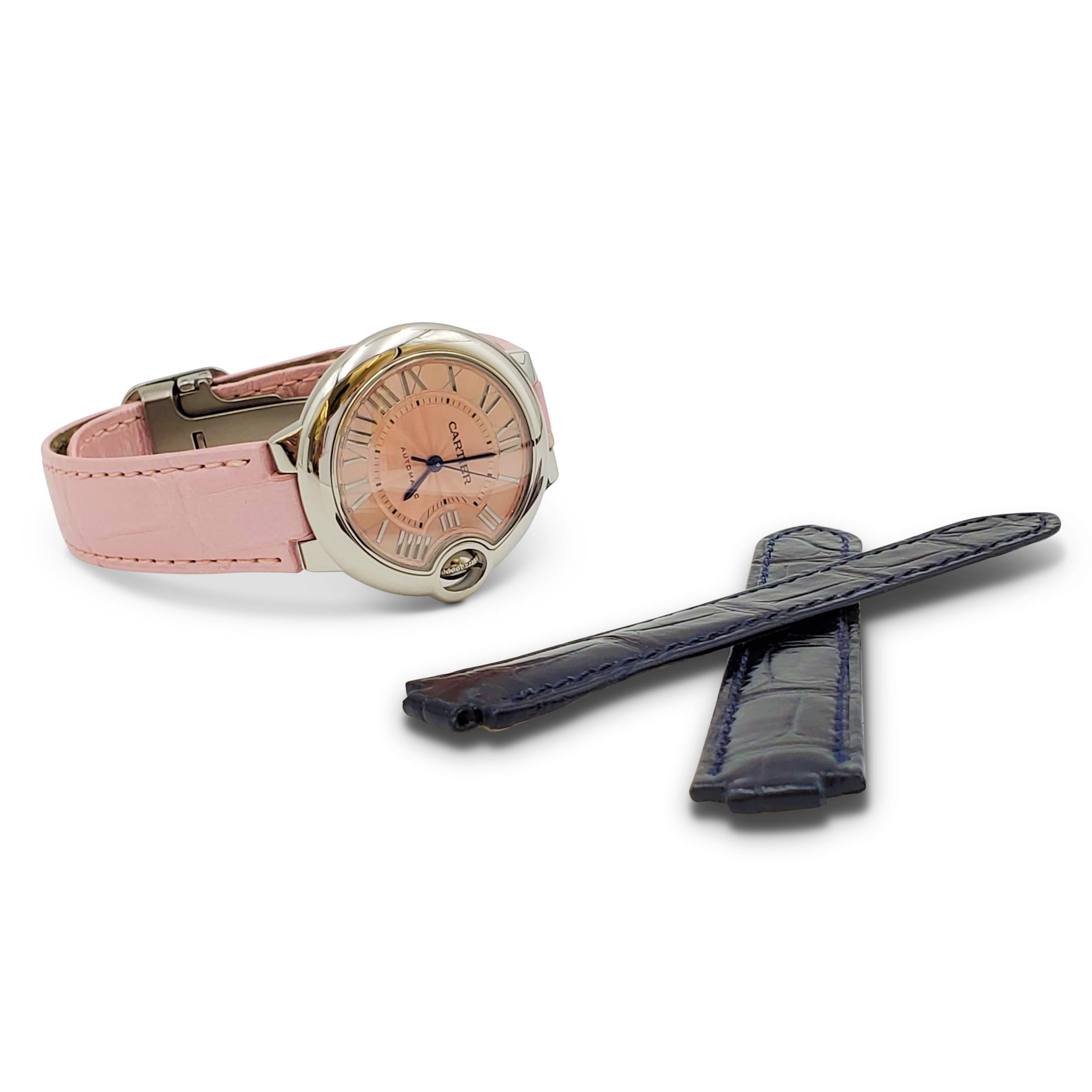 Cartier 'Ballon Bleu de Cartier' Stainless Steel Pink Dial Leather Strap Watch In Excellent Condition In New York, NY
