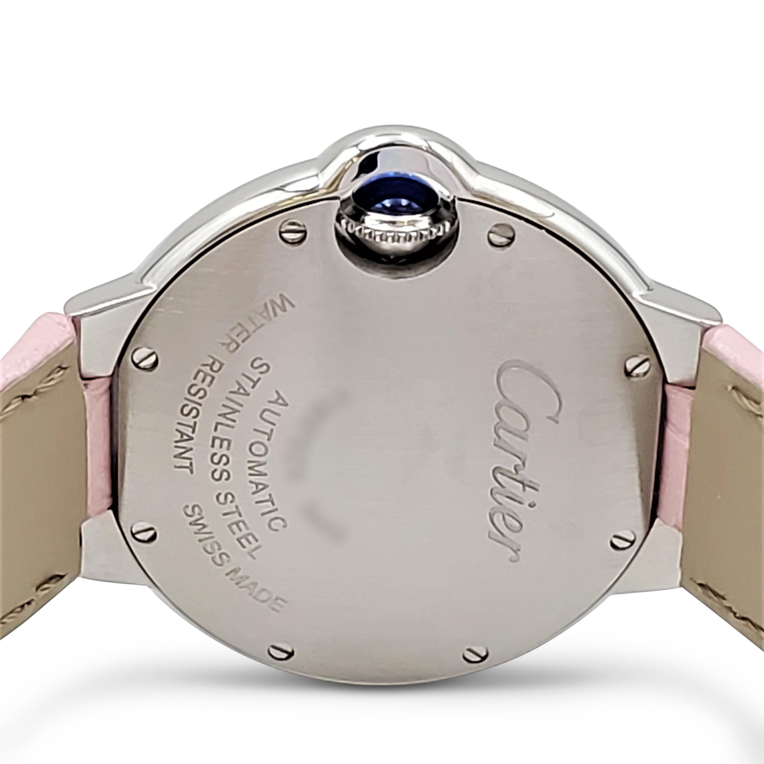 Women's Cartier 'Ballon Bleu de Cartier' Stainless Steel Pink Dial Leather Strap Watch