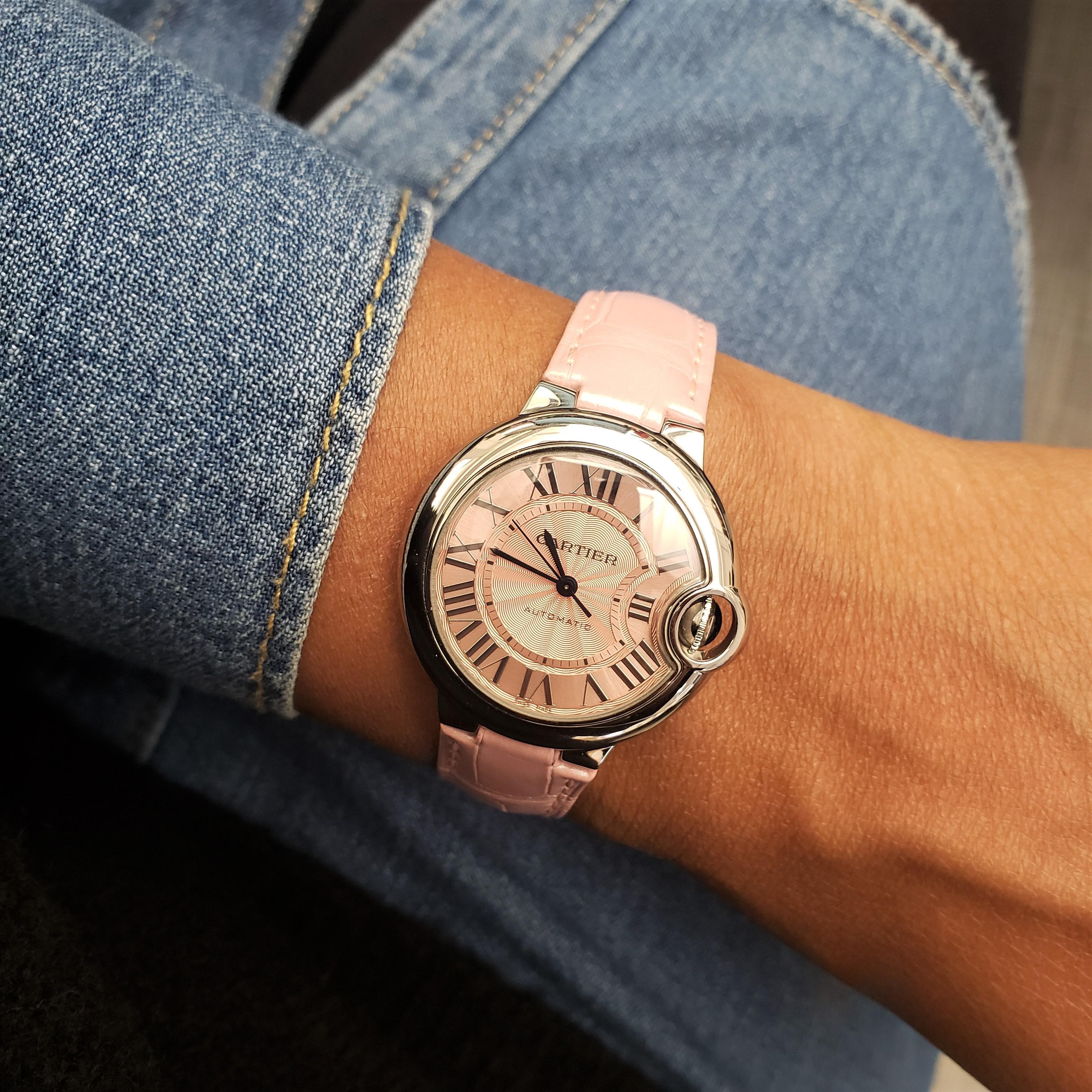 Cartier 'Ballon Bleu de Cartier' Stainless Steel Pink Dial Leather Strap Watch 2