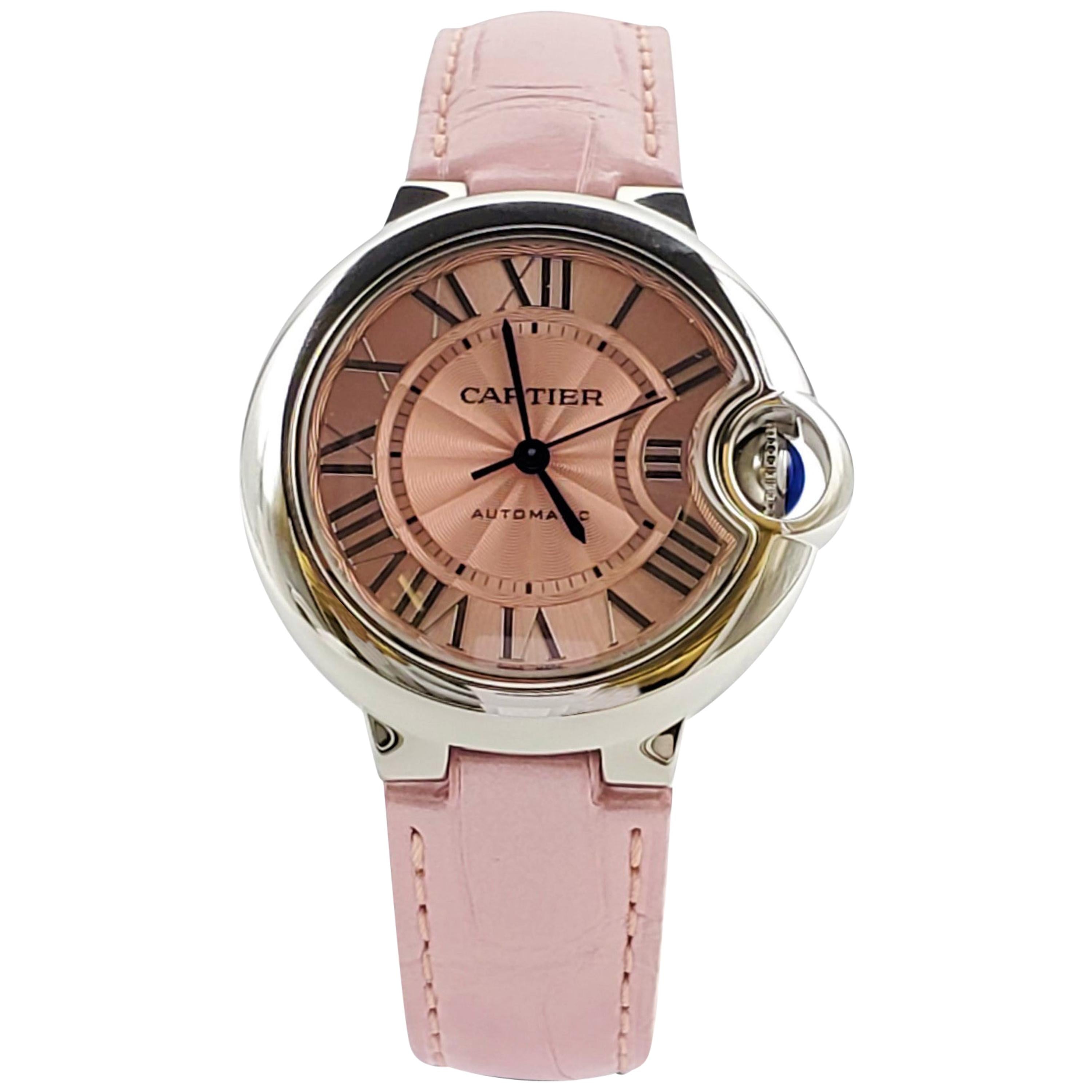 Cartier 'Ballon Bleu de Cartier' Stainless Steel Pink Dial Leather Strap Watch