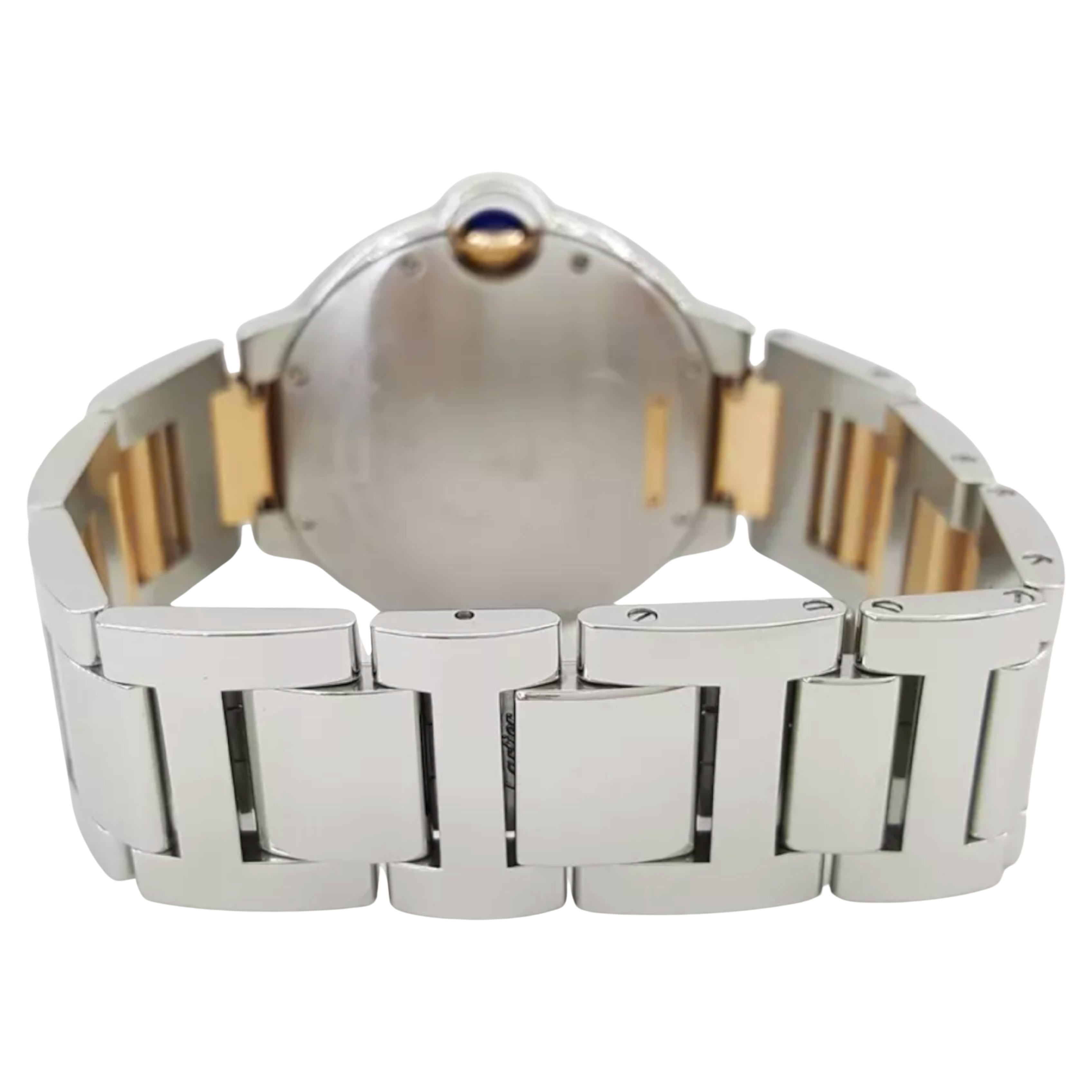 Cartier Ballon Bleu De Cartier watch you described is a luxury timepiece that combines elegance and functionality. It features a medium size of 36 mm and is made from stainless steel and 18k rose gold. The dial is silver with diamond markers,