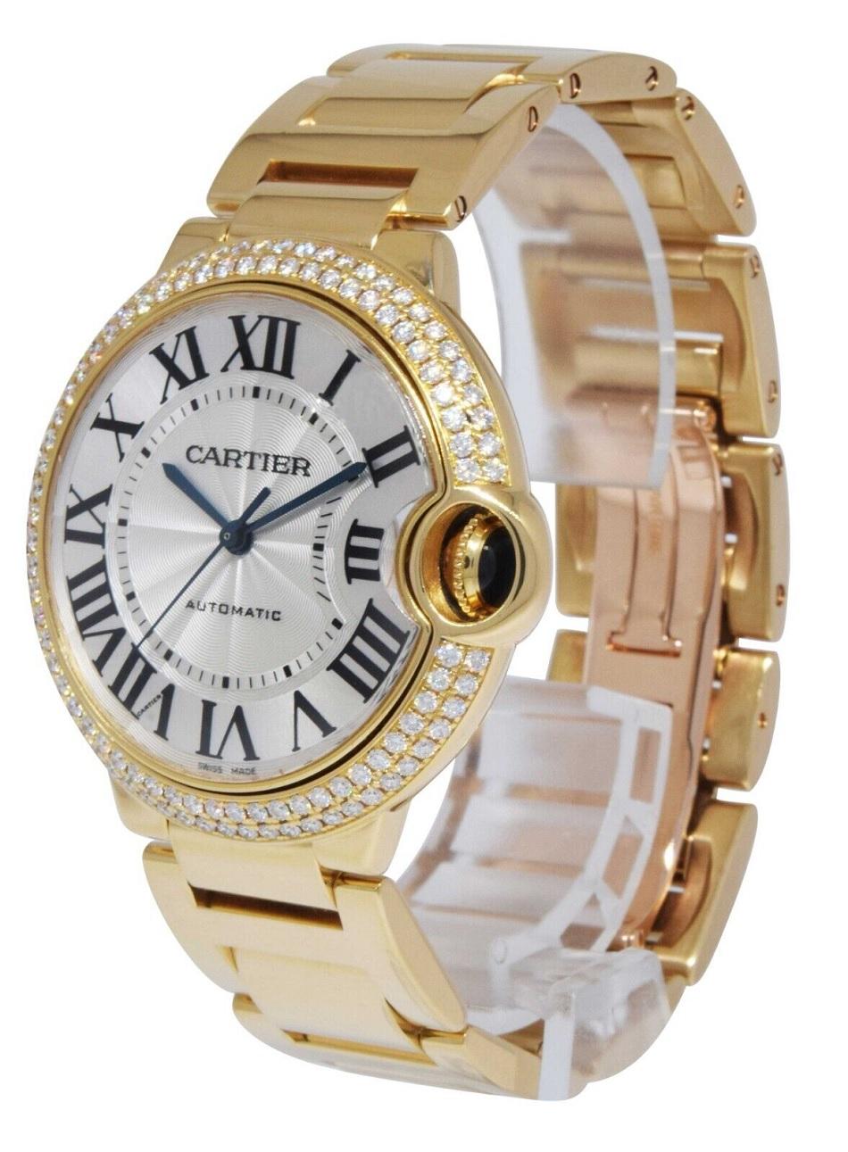 CARTIER BALLON BLEU DE CARTIER YELLOW GOLD DIAMOND 36MM WATCH WJBB0007 

Condition: Mint
Material: 18k Yellow Gold
Movement: Automatic
Case size: 36mm
Case thickness: 12.1 mm
Diamond: 123 brilliant-cut stones, 1.21 ct
Silvered guilloché lacquered