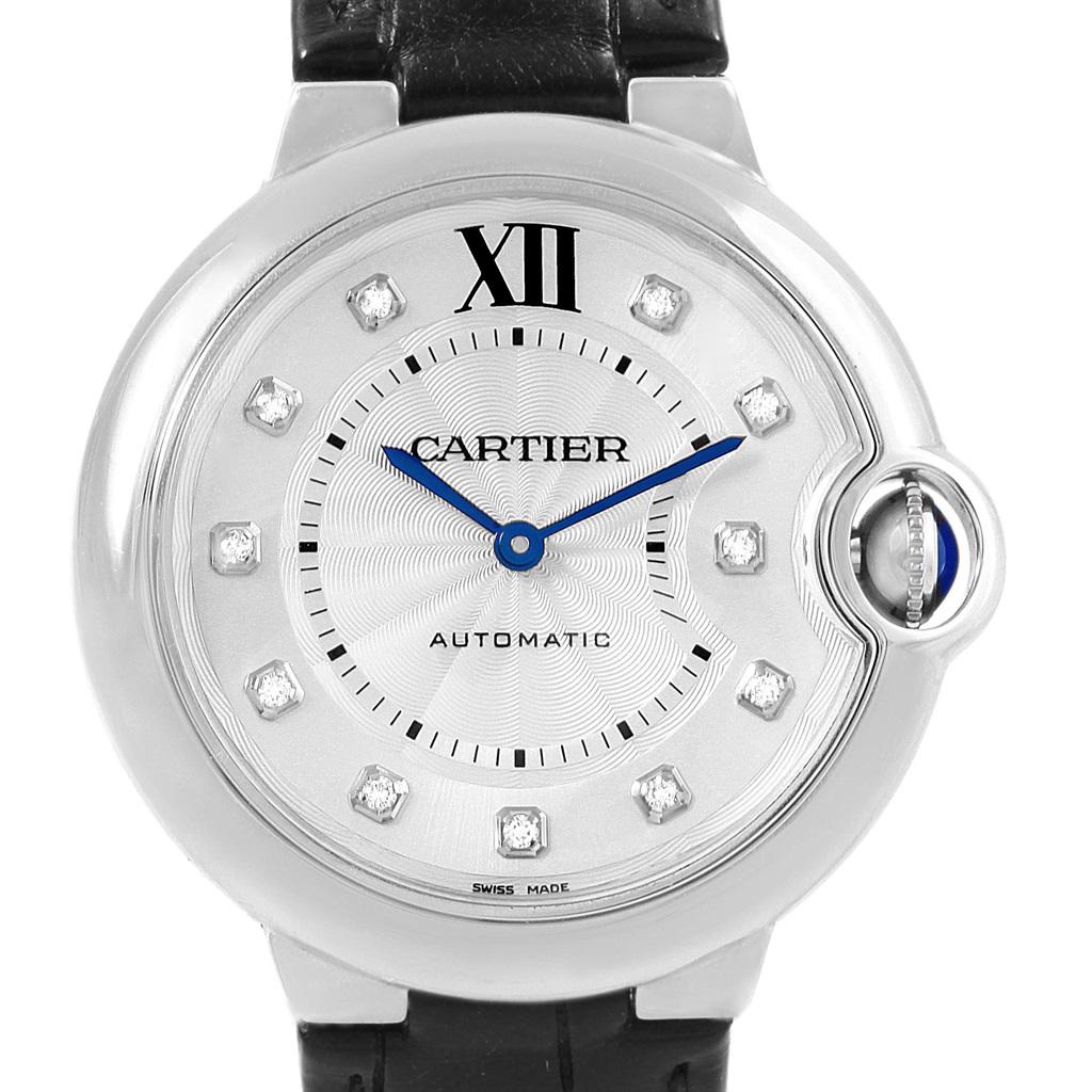 Cartier Ballon Bleu 33mm Diamond Dial Steel Ladies Watch W4BB0009. Automatic self-winding movement. Caliber 076. Round stainless steel case 33 mm in diameter. Fluted crown set with the blue spinel cabochon. Fixed stainless steel smooth bezel.