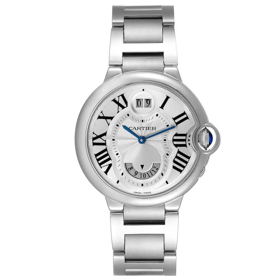 Cartier Ballon Bleu Dual Time Zone Steel Silver Dial Mens Watch W6920011. Quartz movement. Round stainless steel case 38.5 mm in diameter. Fluted crown set with the blue spinel cabochon. Stainless steel smooth bezel. Scratch resistant sapphire