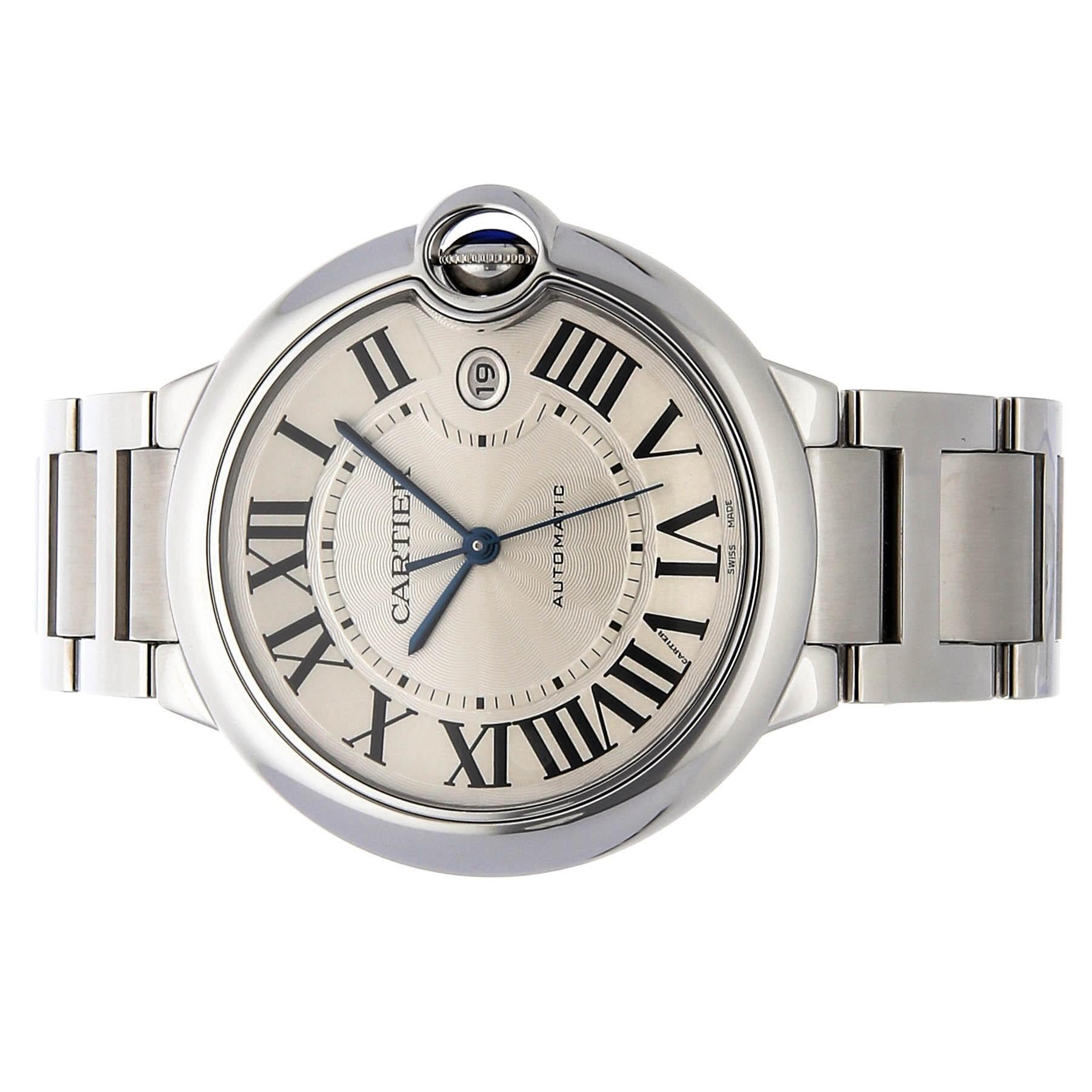 Ballon Bleu de Cartier watch, 42 mm, mechanical movement with automatic winding in excellent condition, purchased new in 2018 and was only worn occasionally for about 6 months.   

Steel case, fluted crown decorated with a synthetic spinel cabochon,