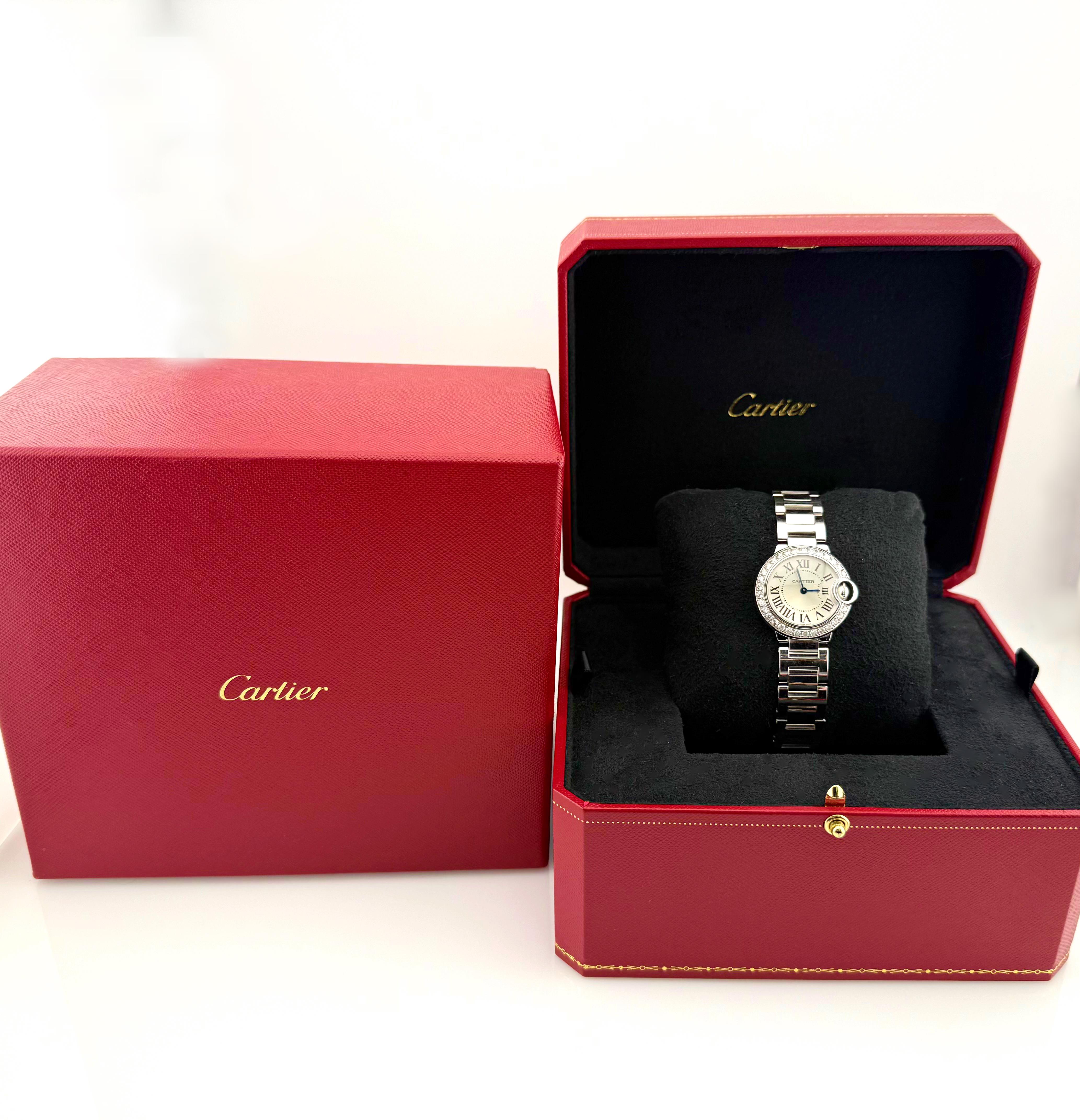 Round Cut Cartier Ballon Bleu Ladies 3008 WE900323 Diamond Bezel 18K White Gold Box For Sale