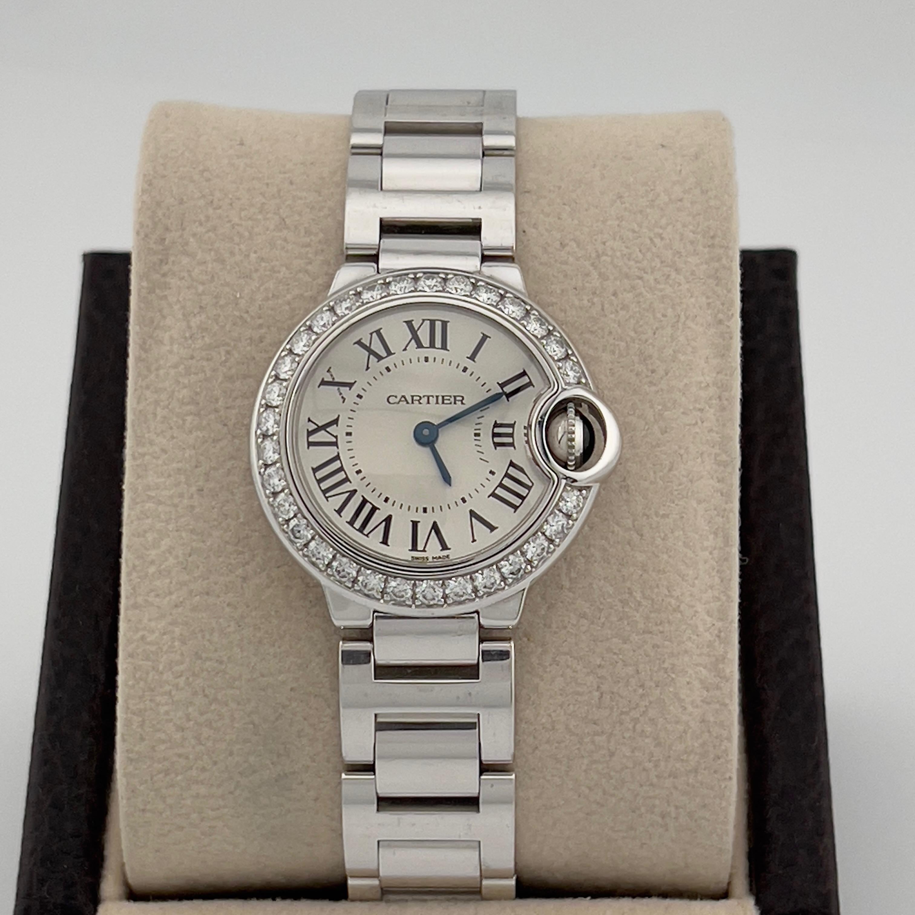 Cartier Ballon Bleu Ladies 3008 WE900323 Diamond Bezel 18K White Gold Box In Good Condition For Sale In San Diego, CA