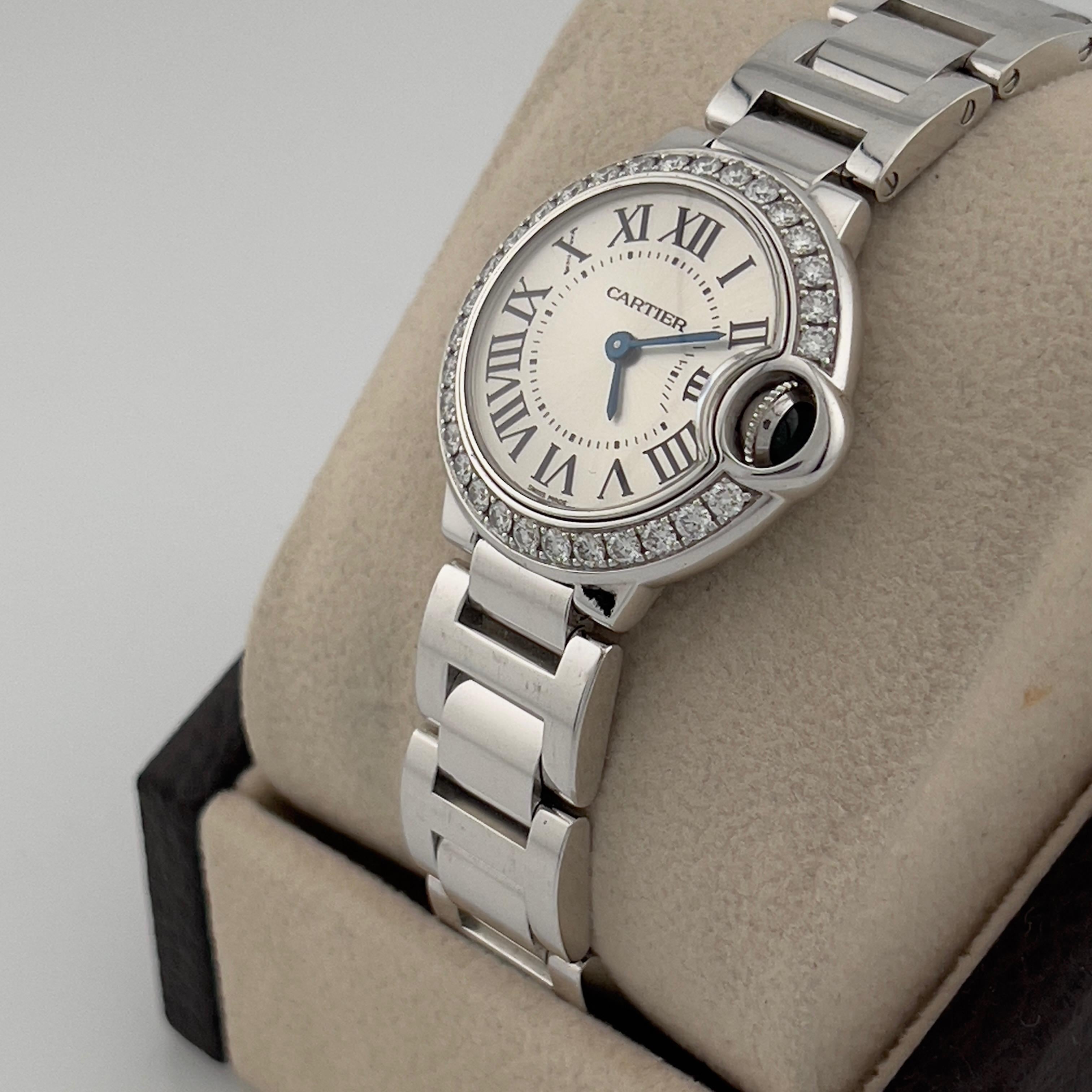 Women's or Men's Cartier Ballon Bleu Ladies 3008 WE900323 Diamond Bezel 18K White Gold Box For Sale