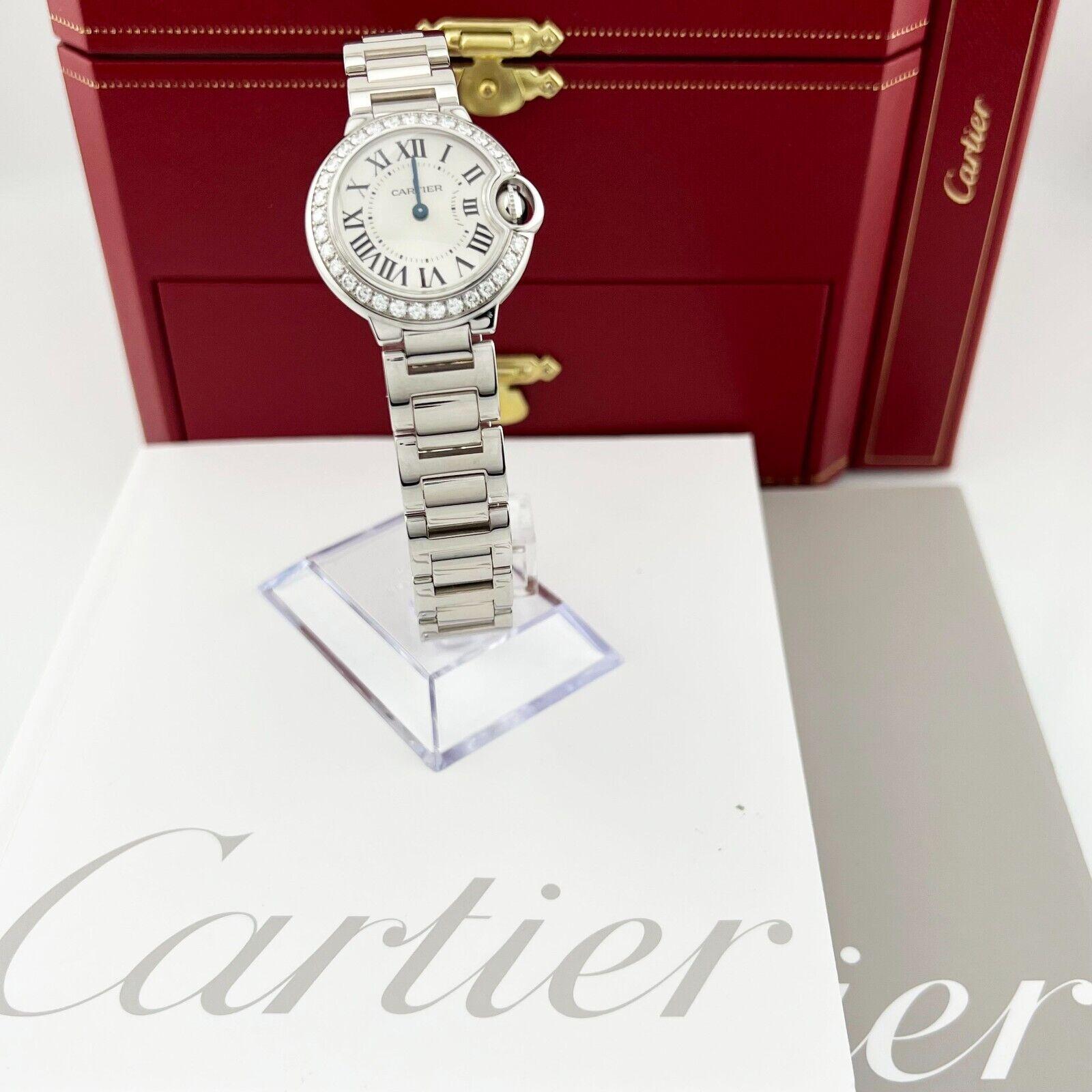 Style Number: 3008

Year: 2010

Model: Cartier Ladies Ballon Bleu

Case Material: 18K White Gold

Band: 18K White Gold

Bezel: Factory Diamond Bezel

Dial: Silver

Face: Sapphire Crystal

Case Size: 28mm

Includes:

-Cartier Box & Papers

-Certified
