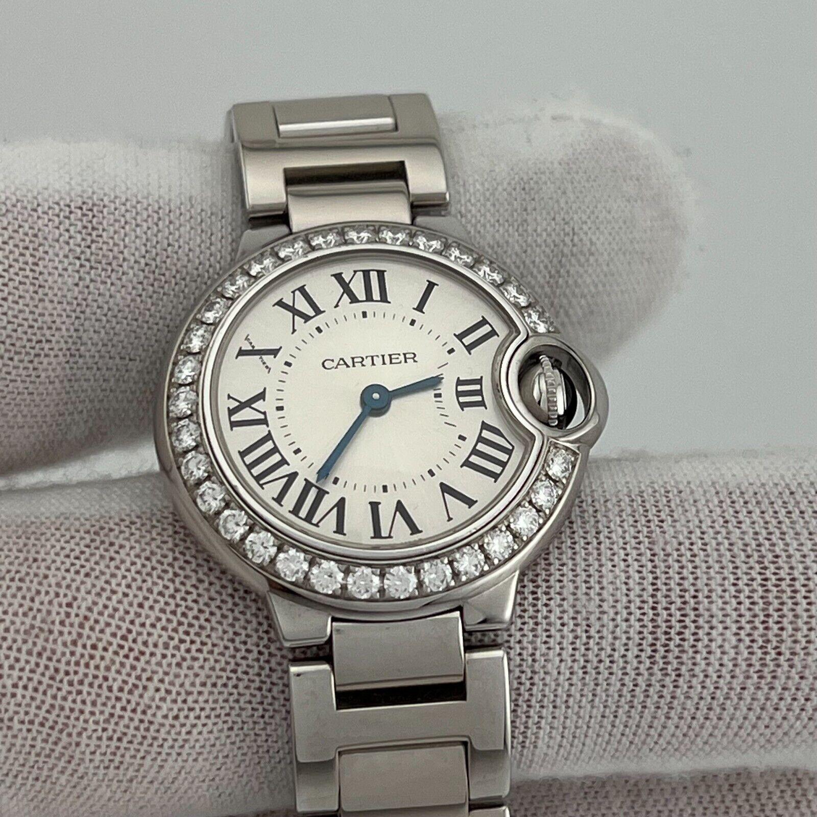 Cartier Ballon Bleu Ladies 3008 WE900323 Diamond Bezel 18K White Gold Box Papers In Excellent Condition In San Diego, CA