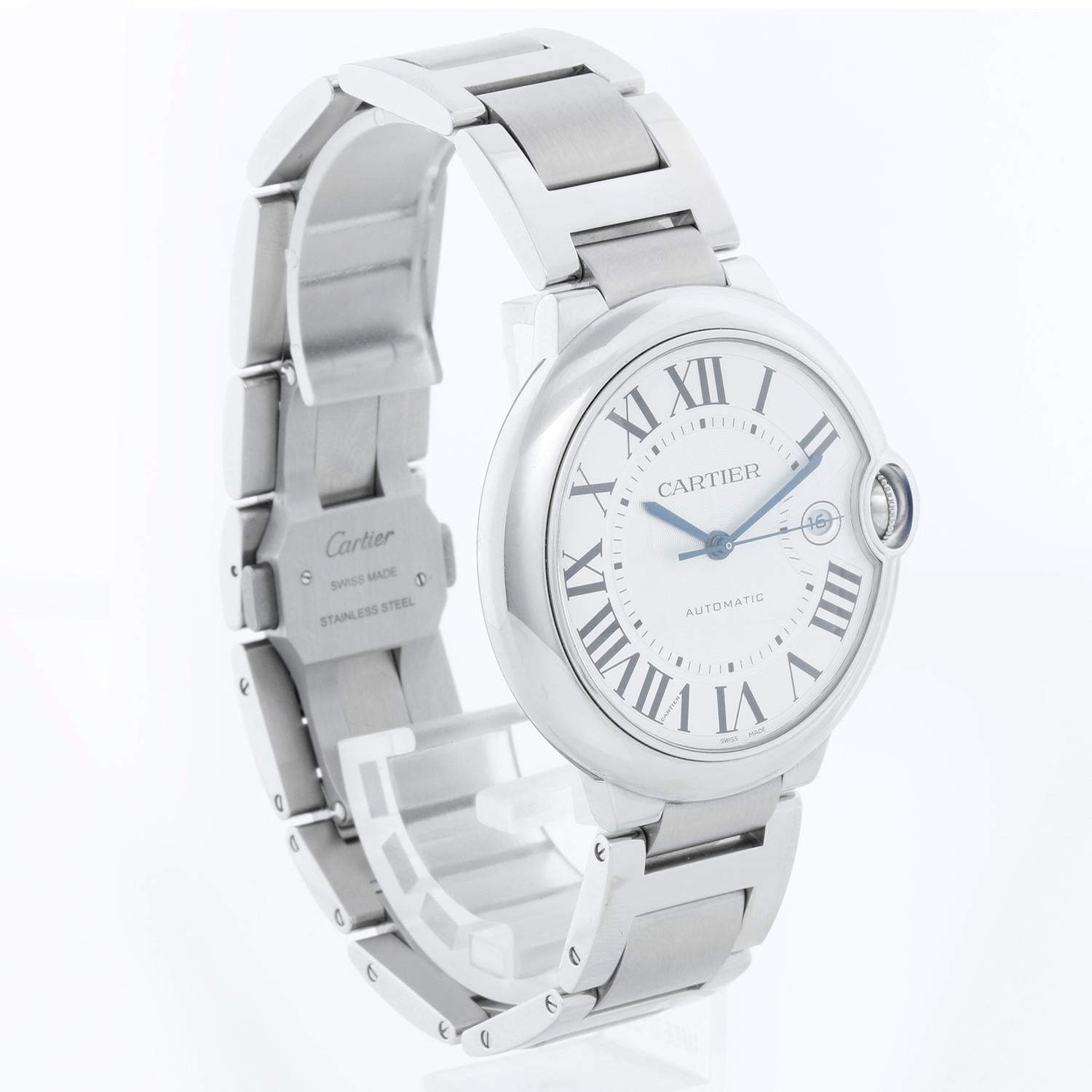 Cartier Ballon Bleu Men's 42mm Stainless Steel Automatic W69012Z4 3765 - Automatic winding. Stainless Steel (42mm diameter). Silver guilloche dial with Roman numerals; date at 3 o'clock. Stainless steel bracelet. Pre-owned with custom box.