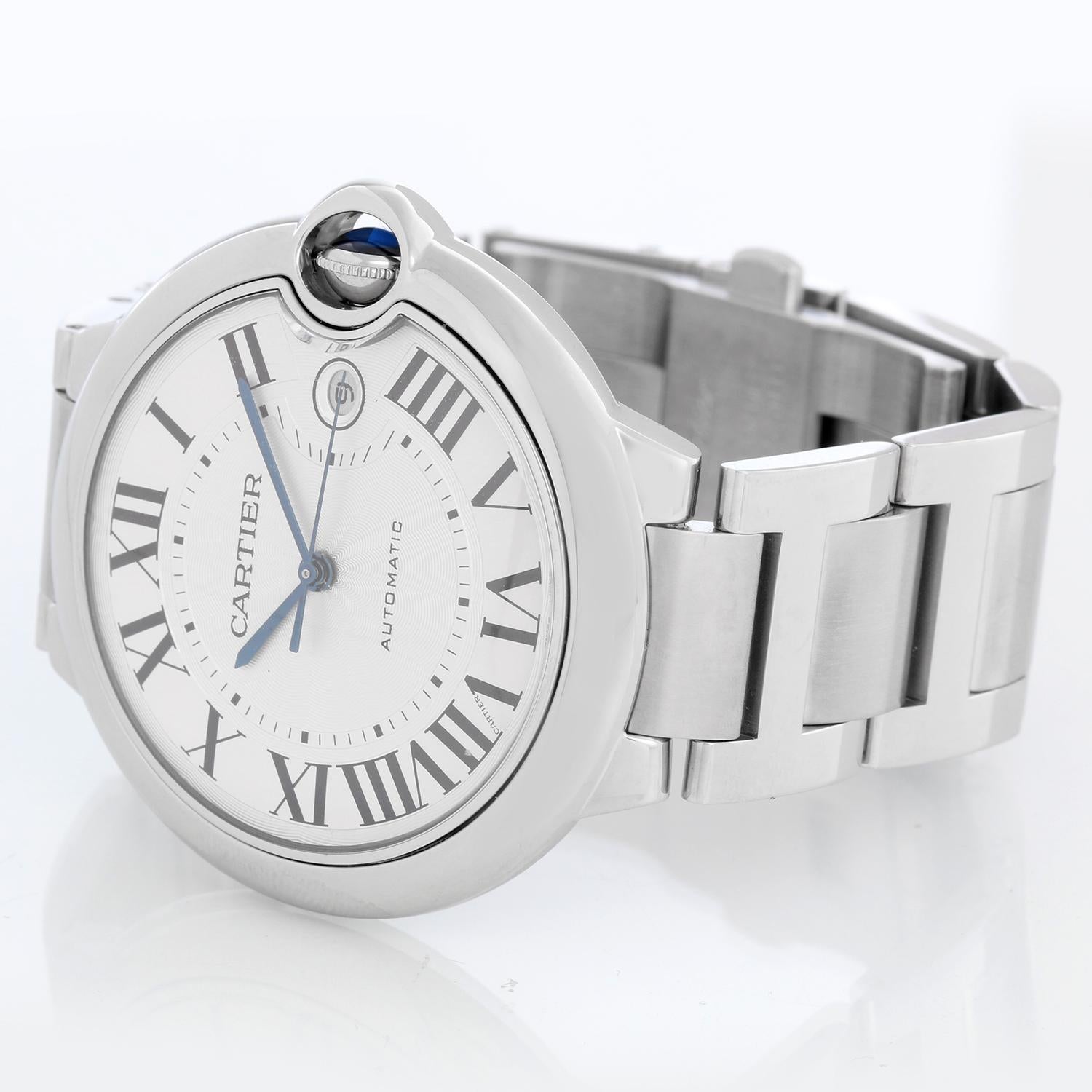 Cartier Ballon Bleu Men's 42mm Stainless Steel Automatic Watch W69012Z4 3001 - Automatic winding. Stainless steel case (42mm diameter). Silver guilloche dial with black Roman numerals; date at 3 o'clock. Stainless steel Cartier bracelet with