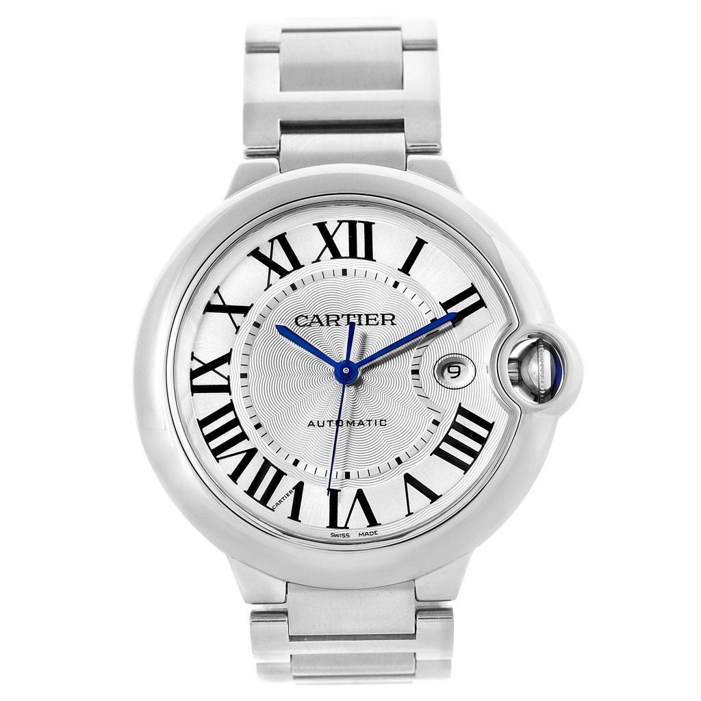 Cartier Ballon Bleu Mens Stainless Steel Automatic Watch W69012Z4. Automatic self-winding movement. Round stainless steel case 42.0 mm in diameter, 13 mm thick. Fluted 18k crown set with the blue spinel cabochon. Fixed stainless steel bezel. Scratch