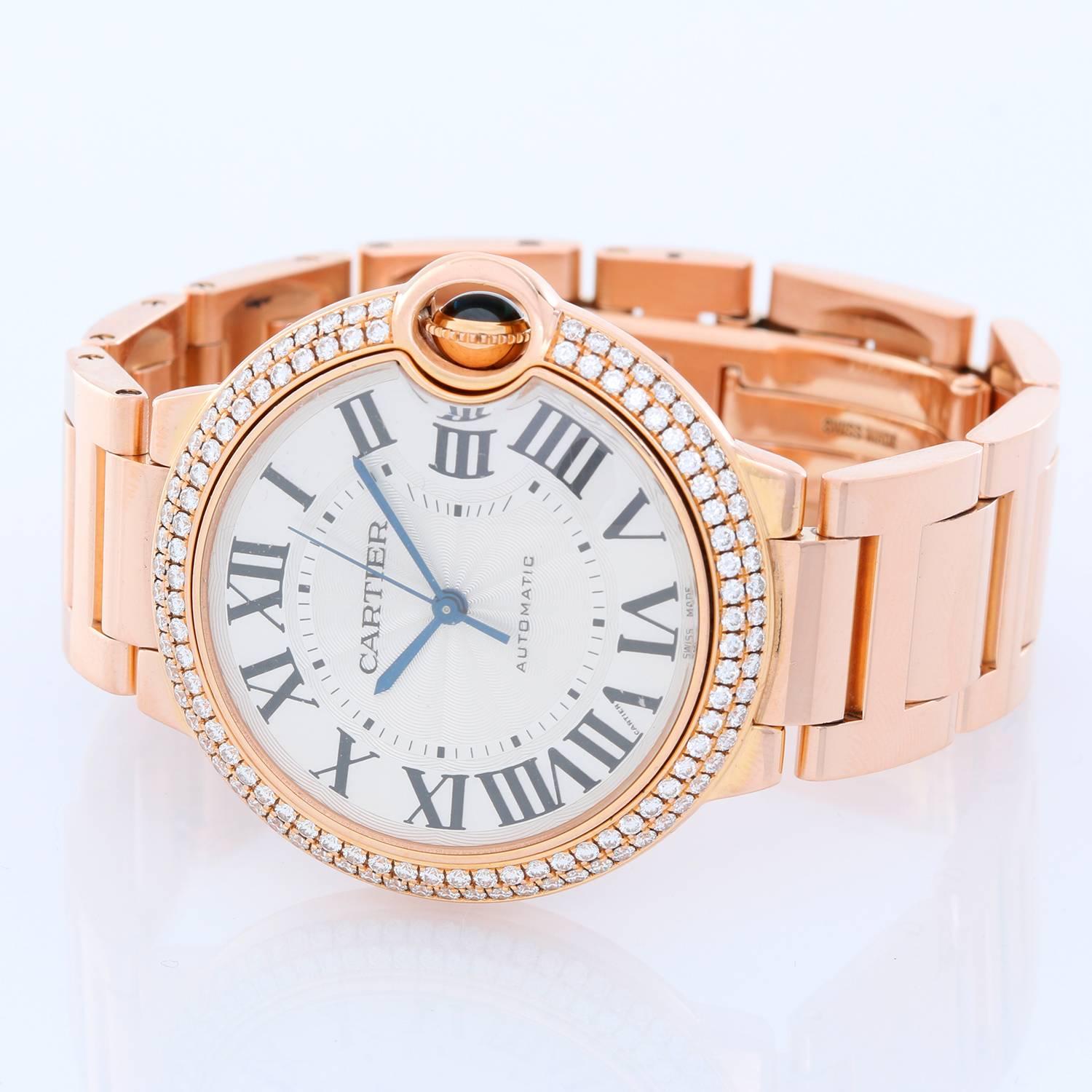 Cartier Ballon Bleu Midsize 18k Rose Gold Men's/Ladies Watch WE900551 -  Automatic winding. 18k rose gold case with 2-row factory diamond bezel  (36mm diameter). Silver guilloche dial with black Roman numerals; date at 3 o'clock. 18K Rose Gold