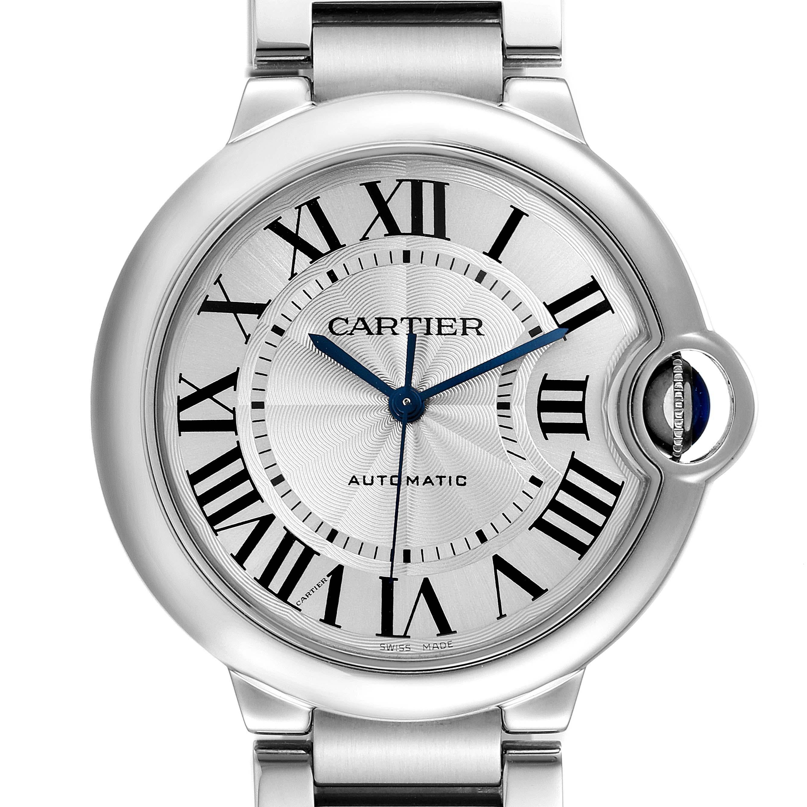 Cartier Ballon Bleu Midsize 36 Silver Dial Steel Ladies Watch W6920046. Automatic self-winding movement. Caliber 076. Stainless steel case 36.6 mm in diameter. Fluted crown set with the blue spinel cabochon. Stainless steel smooth bezel. Scratch