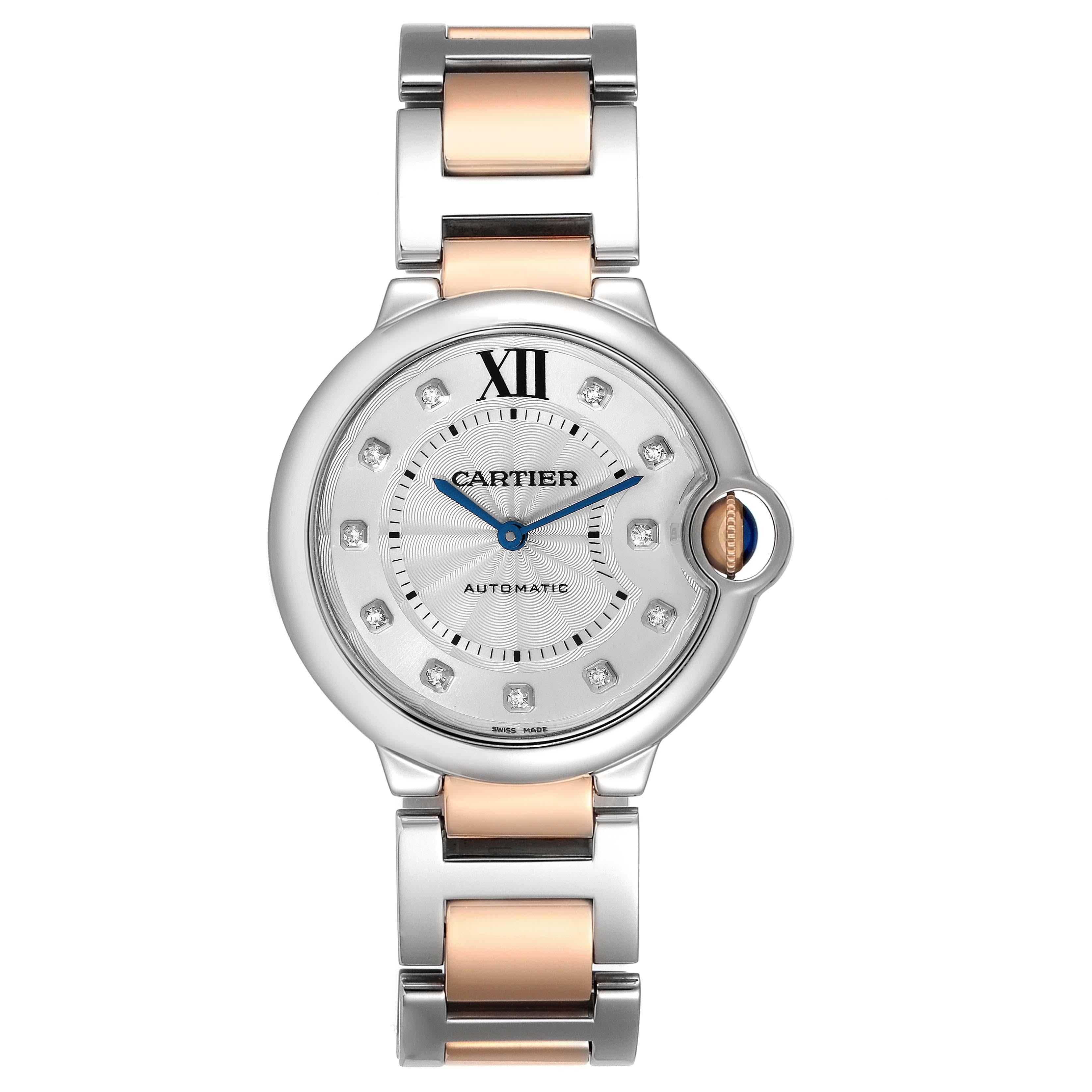 Cartier Ballon Bleu Midsize 36 Steel Rose Gold Diamond Ladies Watch W3BB0018. Automatic self-winding movement. Stainless steel case 36 mm in diameter. 18k rose gold fluted crown set with the blue spinel cabochon. Stainless steel smooth bezel.