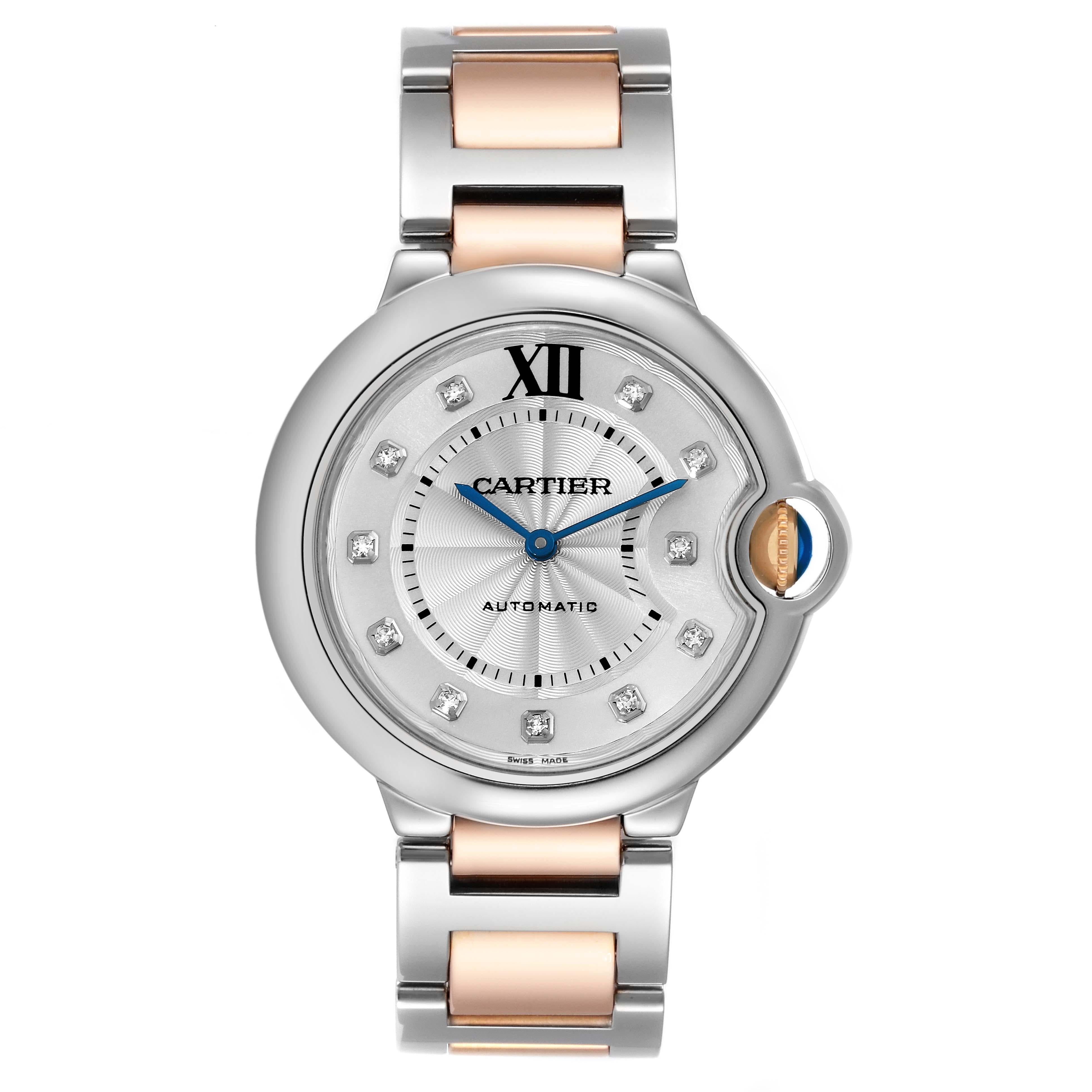 Cartier Ballon Bleu Midsize 36 Steel Rose Gold Diamond Ladies Watch W3BB0018. Automatic self-winding movement. Stainless steel case 36 mm in diameter. 18k rose gold fluted crown set with a blue spinel cabochon. Stainless steel smooth bezel. Scratch
