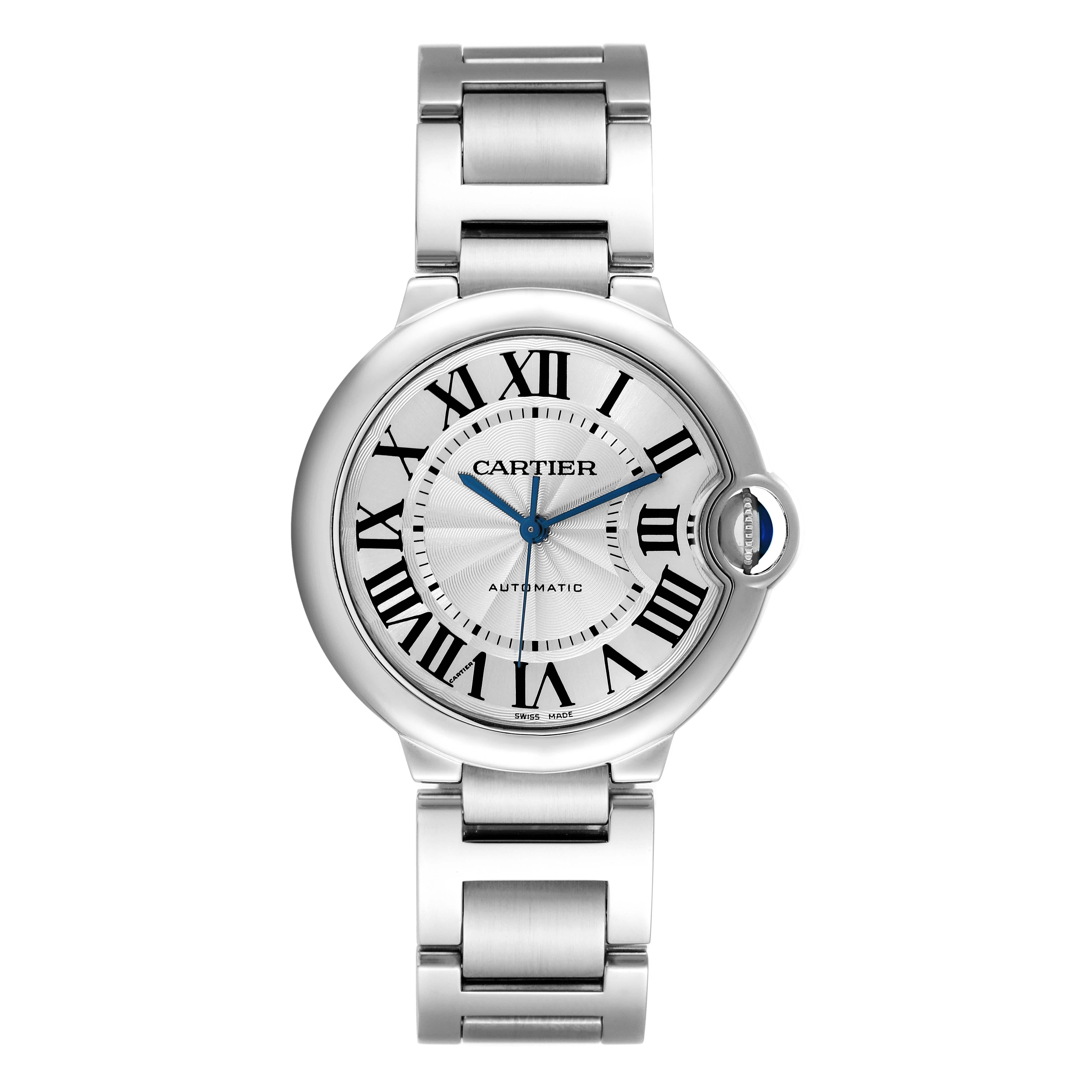 Cartier Ballon Bleu Midsize Silver Dial Steel Ladies Watch W6920046. Automatic self-winding movement. Stainless steel case 36.6 mm in diameter. Fluted crown set with the blue spinel cabochon. Stainless steel smooth bezel. Scratch resistant sapphire