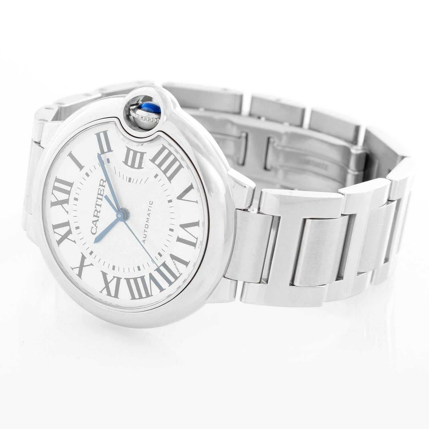 Cartier Ballon Bleu Midsize Stainless Steel Watch W6920046 3284 - Automatic. Stainless steel case (36mm). Silver guilloche dial with black Roman numerals. Stainless steel Cartier bracelet with deployant clasp. Pre-owned with custom box. 
