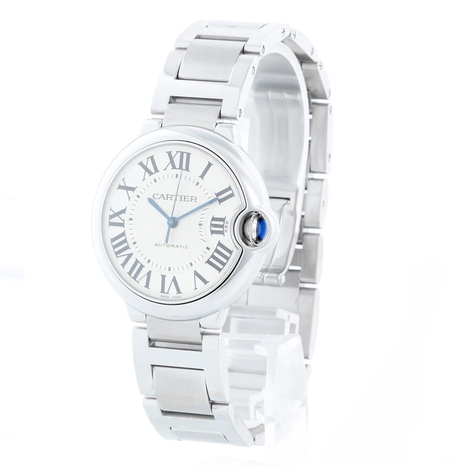 Cartier Ballon Bleu Midsize Stainless Steel Watch W6920046 3284 - Automatic. Stainless steel case (36mm). Silver guilloche dial with black Roman numerals. Stainless steel Cartier bracelet with deployant clasp.. Pre-owned with Cartier box, papers and