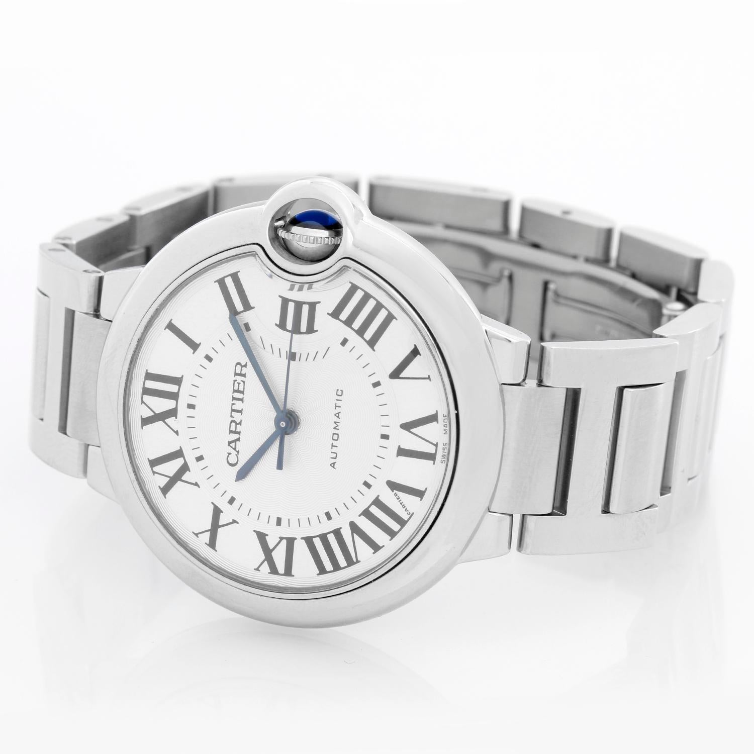 Cartier Ballon Bleu Midsize Stainless Steel Watch W6920046 - Automatic. Stainless steel case (36mm). Silver guilloche dial with black Roman numerals. Stainless steel Cartier bracelet with deployant clasp.. Pre-owned with custom box.