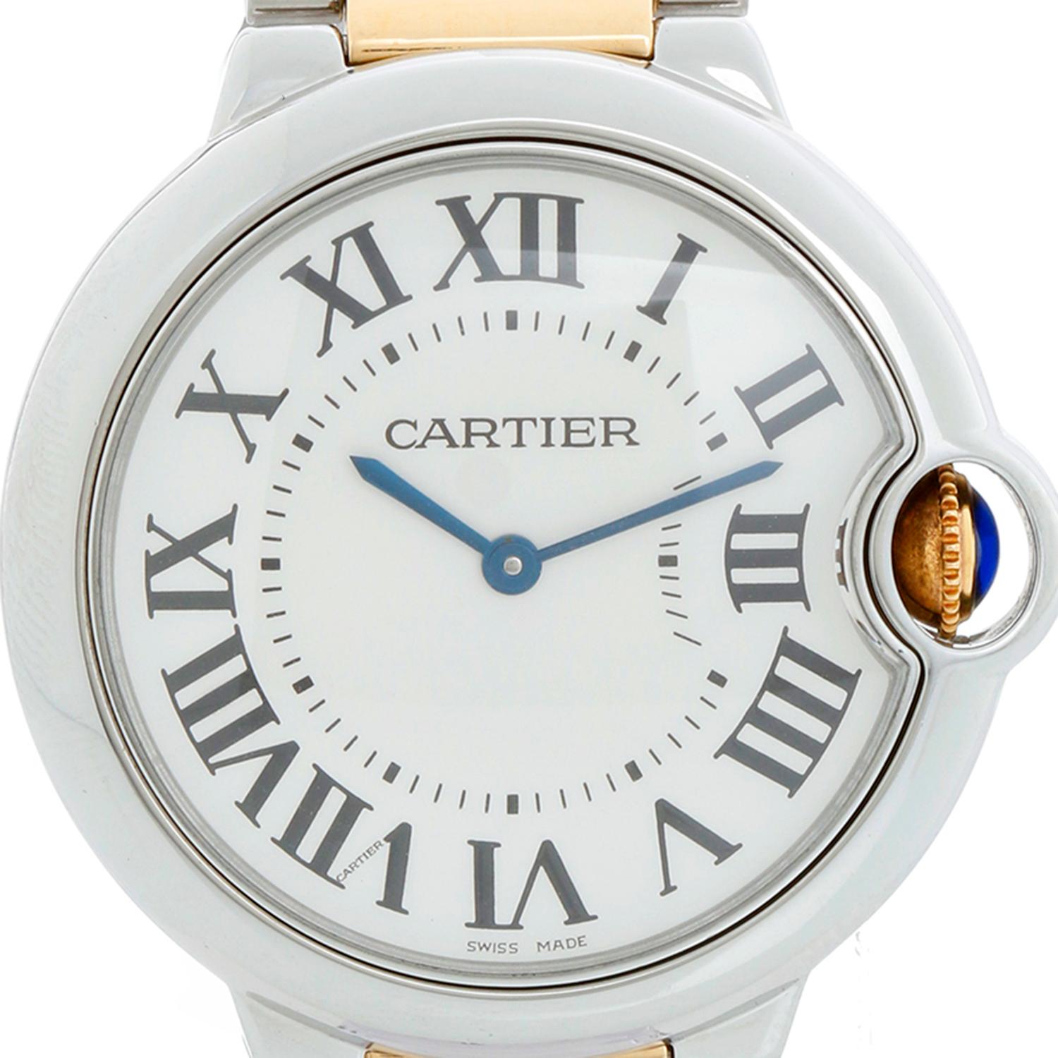 Cartier Ballon Bleu Midsize Stainless Steel & Yellow Gold Watch W69008Z3 3005 - Quartz. Stainless steel  and yellow gold case (36mm). Silver guilloche dial with black Roman numerals. Stainless steel and yellow gold  Cartier bracelet with deployant